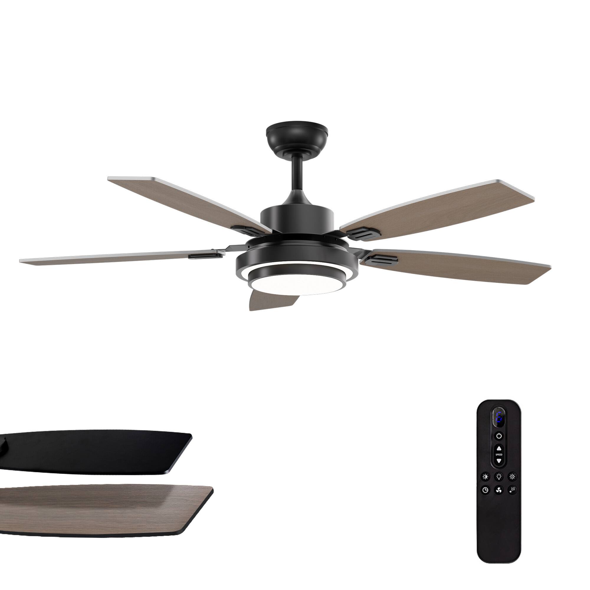 Alt View 10. Siljoy - 52 in Modern Black Ceiling Fan LED Light Remote Reversible 5 Gray and Oak Blades for Bedroom Living Room Patio - Black.