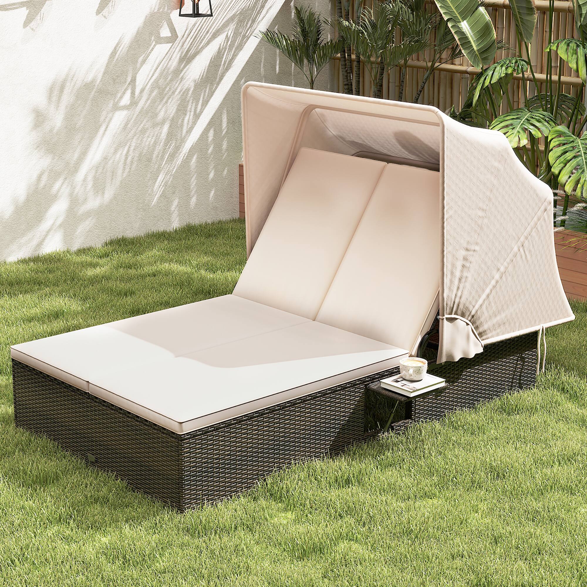 Alt View 1. Gymax - Gymax 2-person Rattan Lounge Bed w/ Retractable Canopy 5-position Adjustable Backrest Beige - Beige.