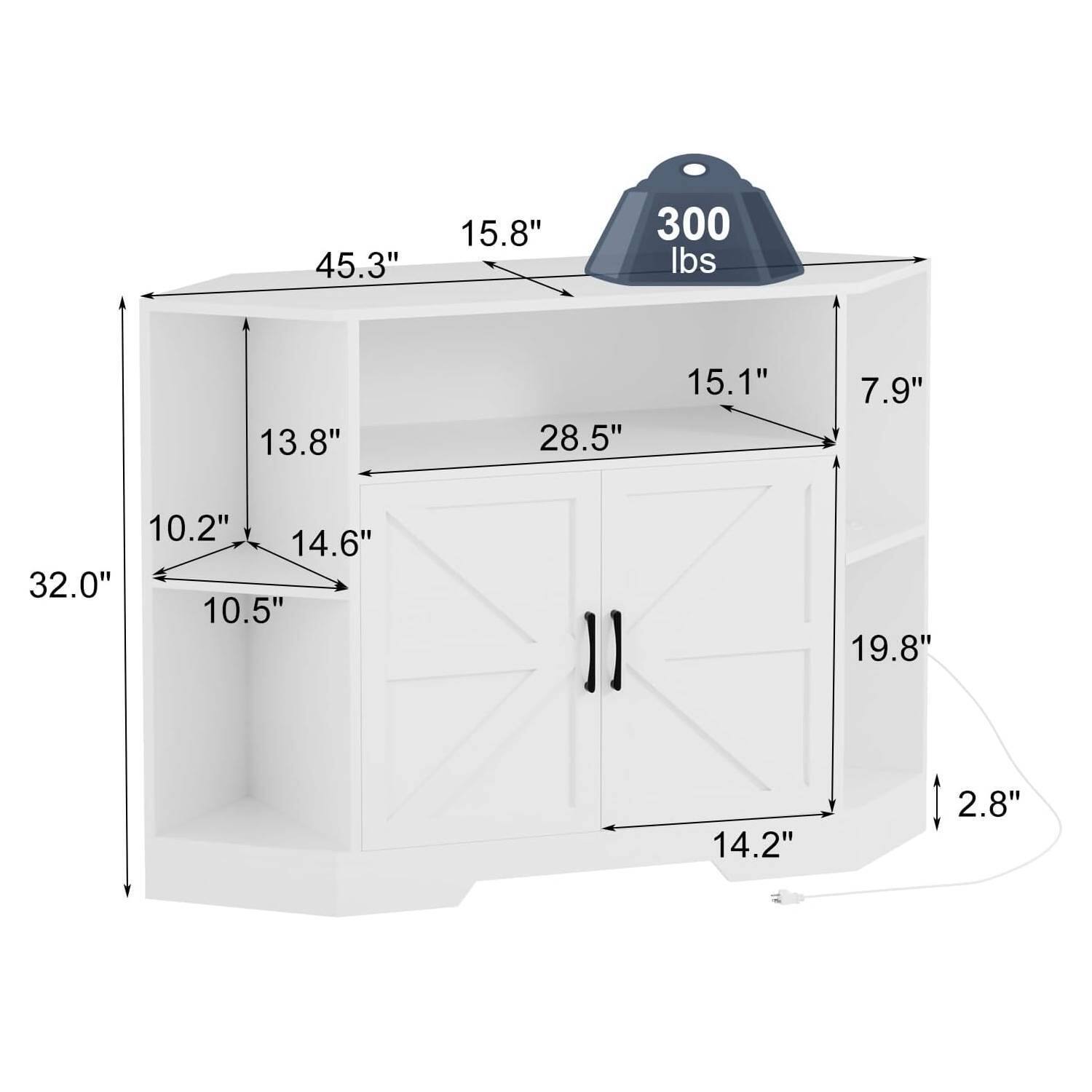 45.3"  
15.8"  
300 lbs  
13.8"  
28.5"  
15.1"  
7.9"  
10.2"  
14.6"  
32.0"  
10.5"  
19.8"  
14.2"  
2.8"