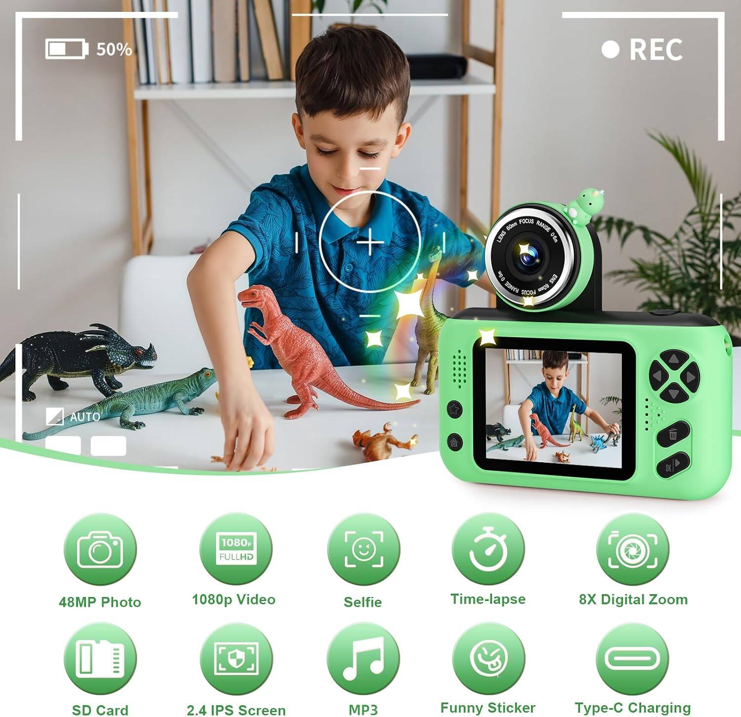 50%
REC
FOCUS 60mm RANGE LENS 06s
AUTO
1080 FULLHD
48MP Photo
1080p Video
Selfie
Time-lapse
8X Digital Zoom
SD Card
2.4 IPS Screen
MP3
Funny Sticker
Type-C Charging