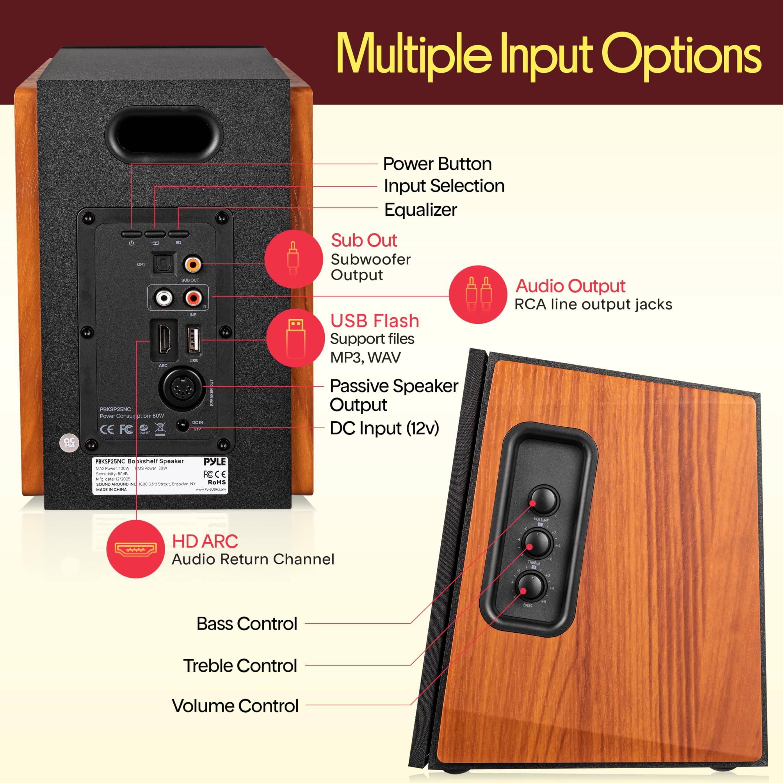 Multiple Input Options

- Power Consumption
- Power Button
- Input Selection
- Equalizer
- Sub Out
  - Subwoofer Output
- Audio Output
  - RCA line output jacks
- USB Flash Support
  - Files: MP3, WAV
- Passive Speaker Output
- DC Input (12v)
- HD ARC
  - Audio Return Channel
- Bass Control
- Treble Control
- Volume Control
