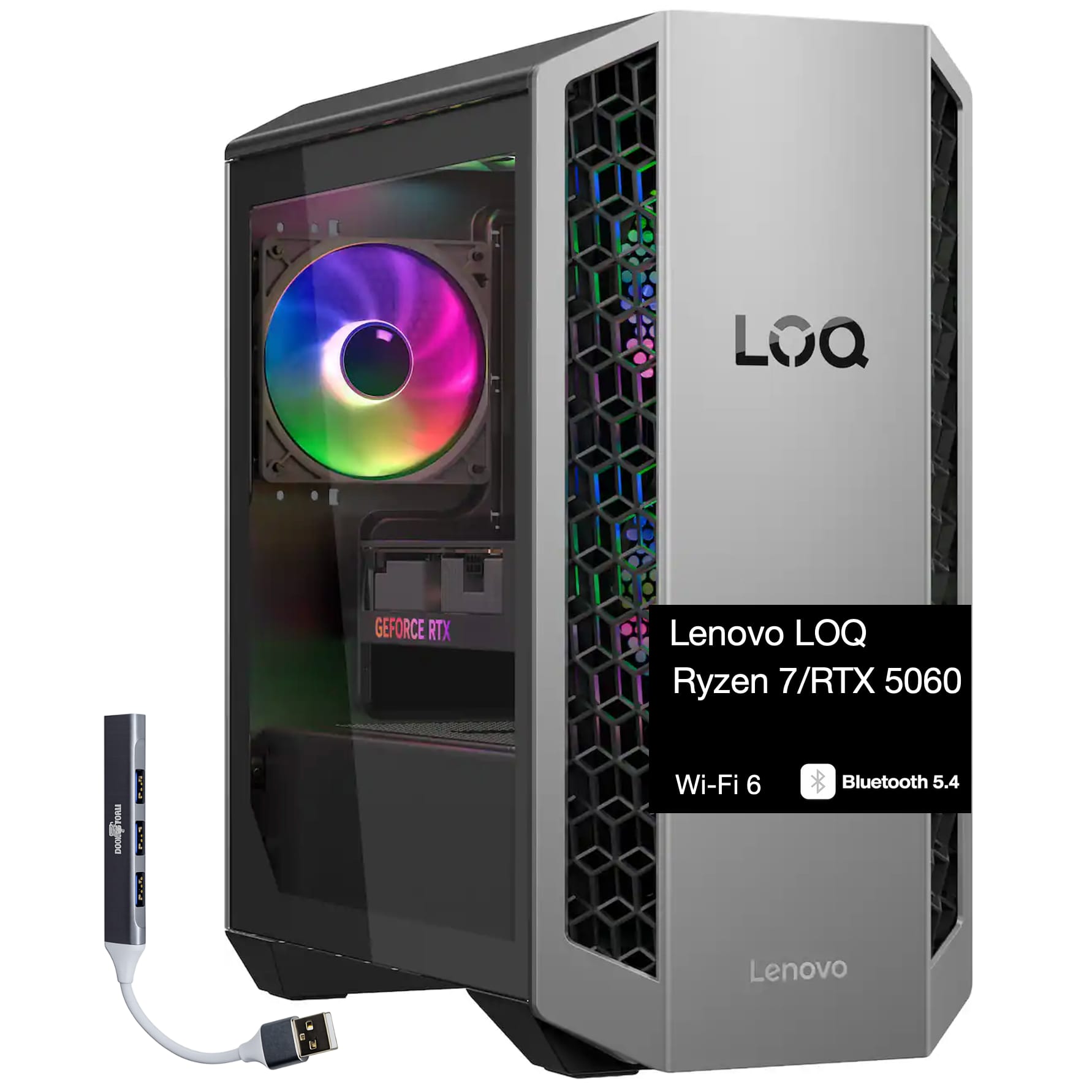 Lenovo - LOQ Tower Desktop PC (Ryzen 7 8745HX, 64GB, 2TB SSD, GeForce RTX 5060, WiFi 6, Bluetooth 5.4, Win 11 Pro) w/USB Hub - Luna Grey