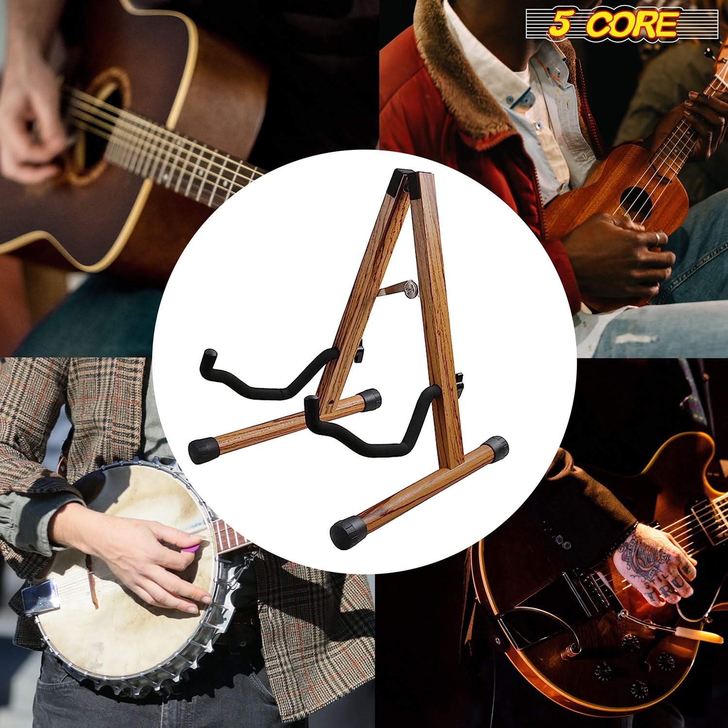 Alt View 2. 5 CORE - Guitar Stand Wooden A Frame w Soft Foam Arm Rubber Pad for Acoustic Electric Bass Ukulele - Wood.