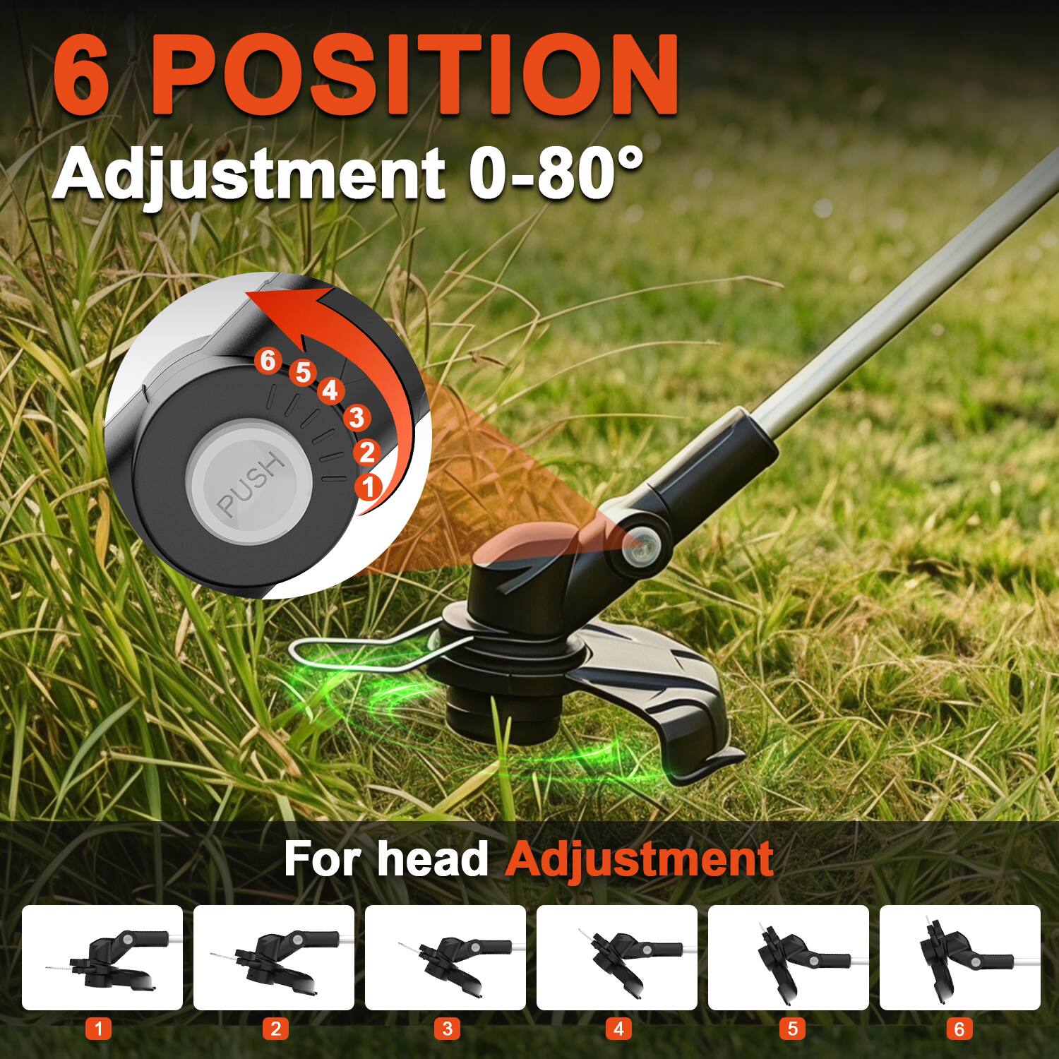 6 POSITION Adjustment 0-80°

6 5 4 3 2 1

PUSH

For head Adjustment

1 2 3 4 5 6