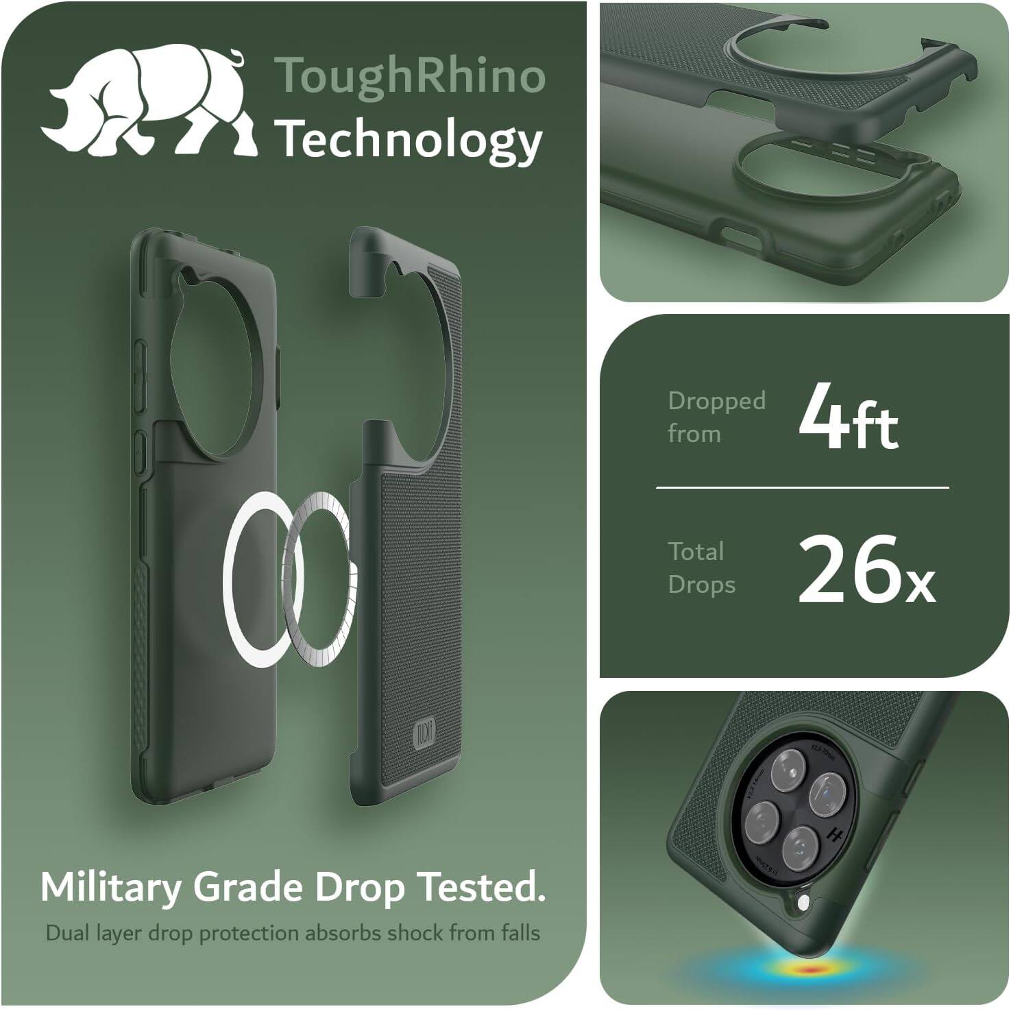 ToughRhino Technology

Dropped from 4ft  
Total Drops 26x

Military Grade Drop Tested.  
Dual layer drop protection absorbs shock from falls
