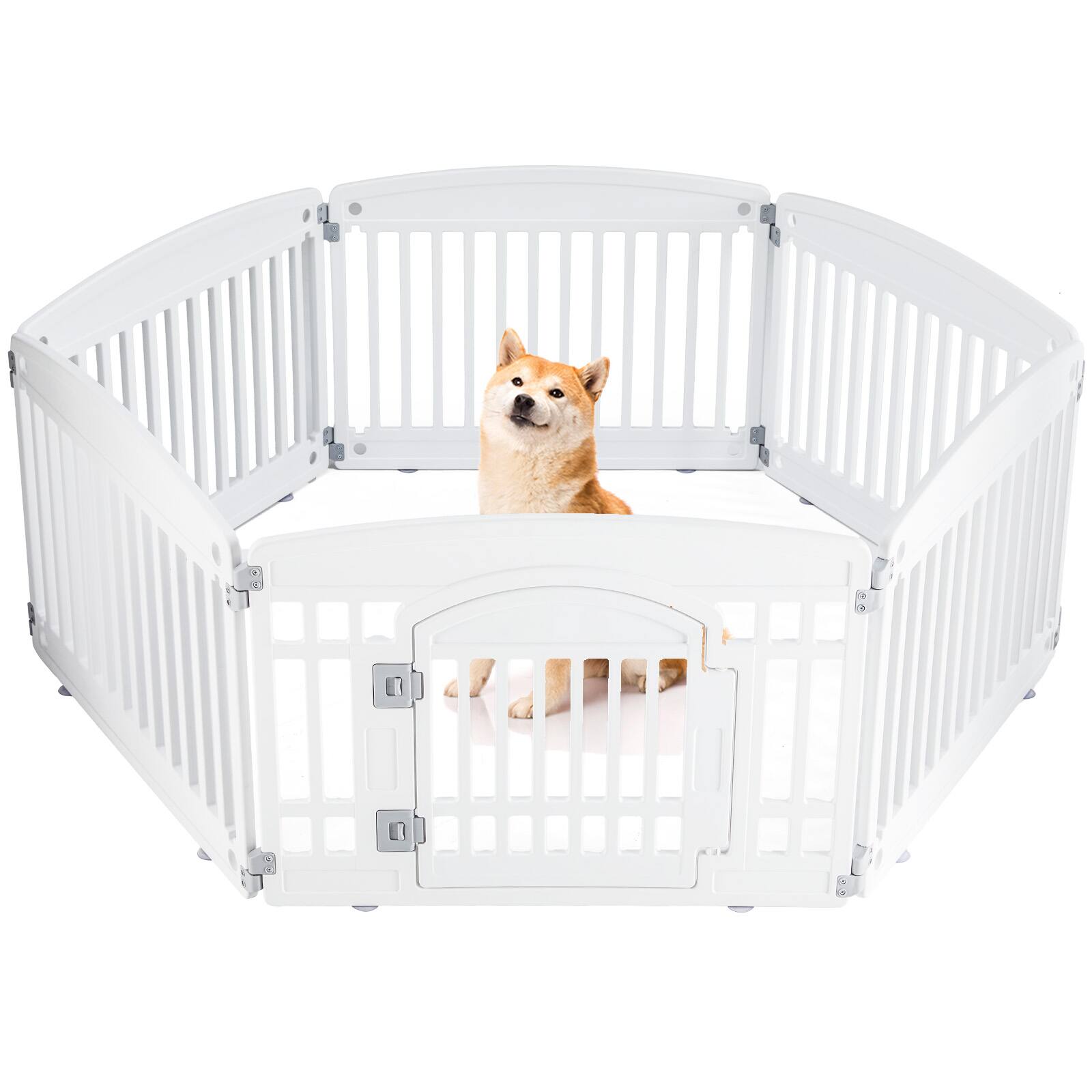 Left. AENKYO - 6-Panel Dog Playpen with Door Indoor/Outdoor Pet Fence for Small to Medium Dogs.