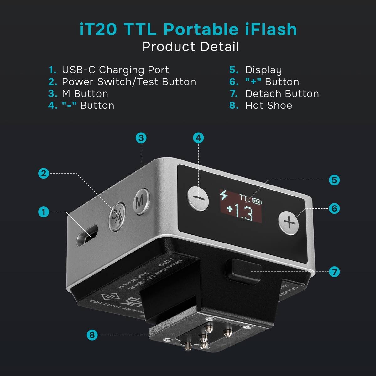 iT20 TTL Portable iFlash Product Detail

1. USB-C Charging Port
2. Power Switch/Test Button
3. M Button
4. "-" Button
5. Display
6. "+" Button
7. Detach Button
8. Hot Shoe

22Wh Lithium Input: 7 attery, 5V AN 0 il 300mAh 6A USA UK 10011 NY York, Ma CAN ICES