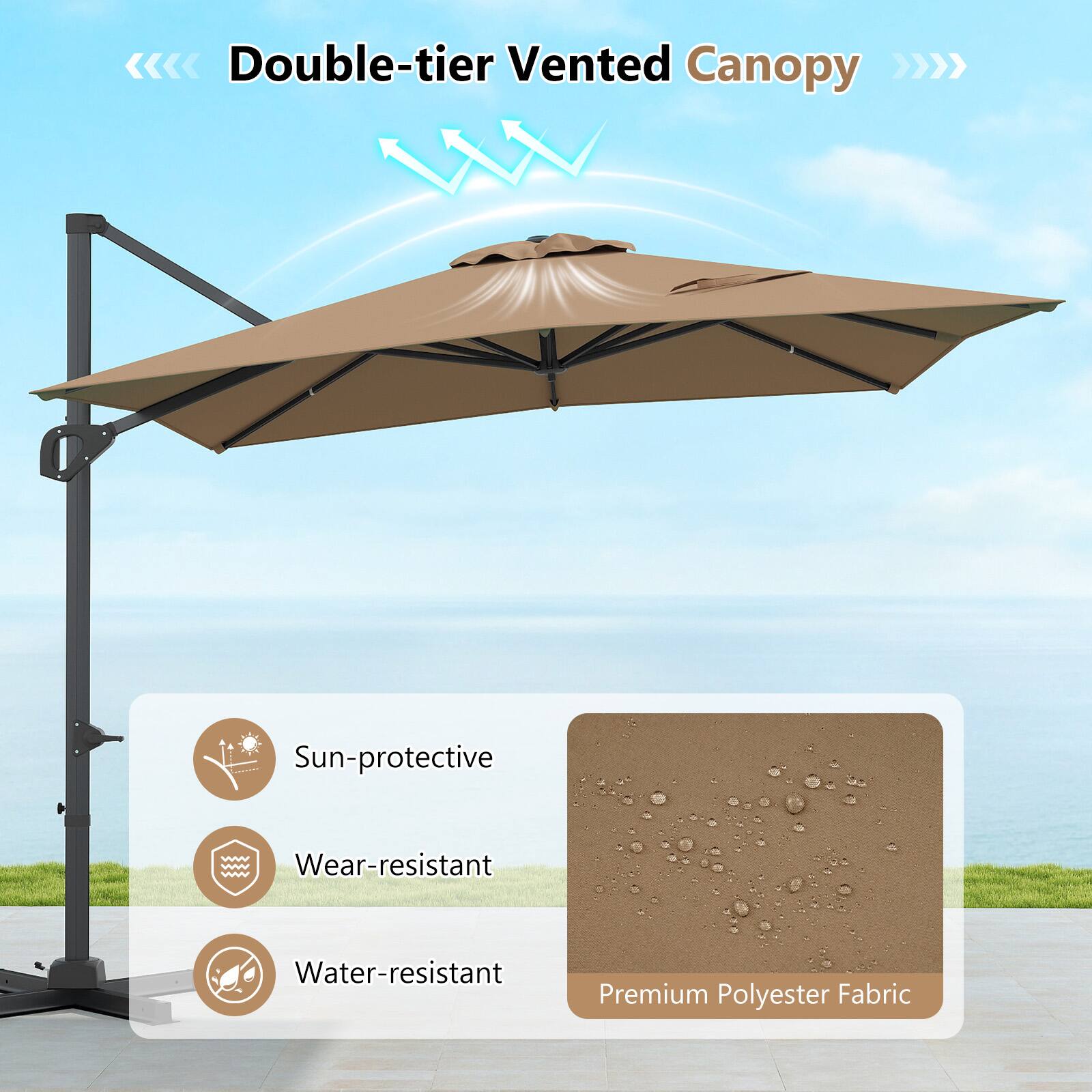Double-tier Vented Canopy

Sun-protective
Wear-resistant
Water-resistant

Premium Polyester Fabric