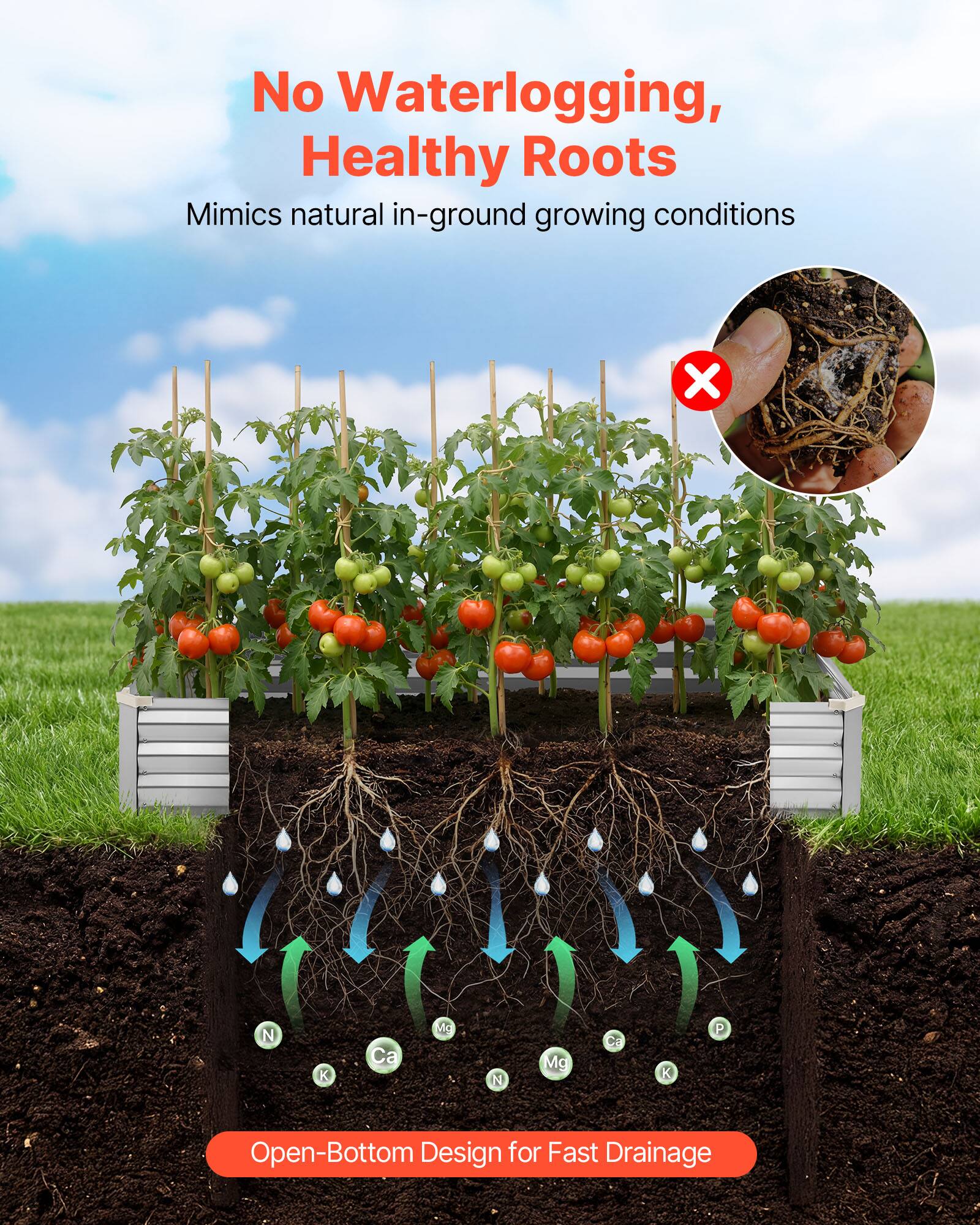 No Waterlogging, Healthy Roots  
Mimics natural in-ground growing conditions  

Open-Bottom Design for Fast Drainage
