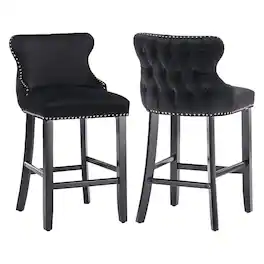 HTUTWOO - Velvet Bar Stools Set of 2, Wingback Counter Height Chairs with Solid Wood Legs and Nailhead Trim for Kitchen Island - Black
