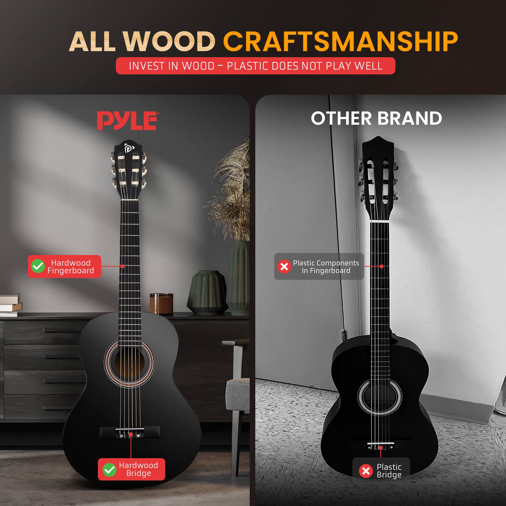 ALL WOOD CRAFTSMANSHIP  
INVEST IN WOOD - PLASTIC DOES NOT PLAY WELL  

PYLE  
Hardwood Fingerboard  
Hardwood Bridge  

OTHER BRAND  
Plastic Components in Fingerboard  
Plastic Bridge
