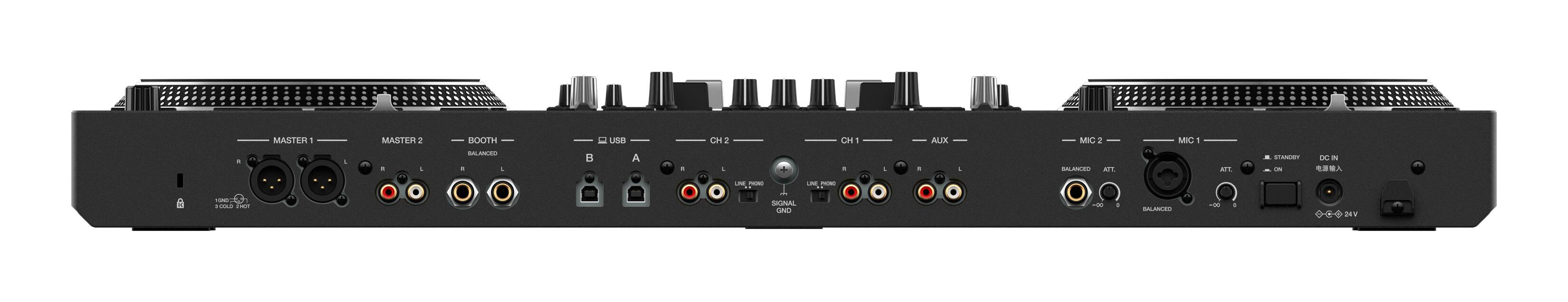 - MASTER 1
- MASTER 2
- BOOTH
- USB
- CH 2
- CH 1
- AUX
- MIC 2
- MIC 1
- LINE PHONO
- SIGNAL
- GND
- STANDBY
- DC IN
- ON
- 24V