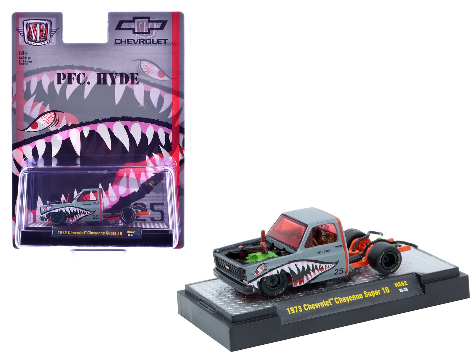 M2 - 1973 Chevrolet Cheyenne Super 10 Bedless Truck "PFC. Hyde" Shark Mouth Graphics 1/64 Diecast Model 12364 pcs - Gray