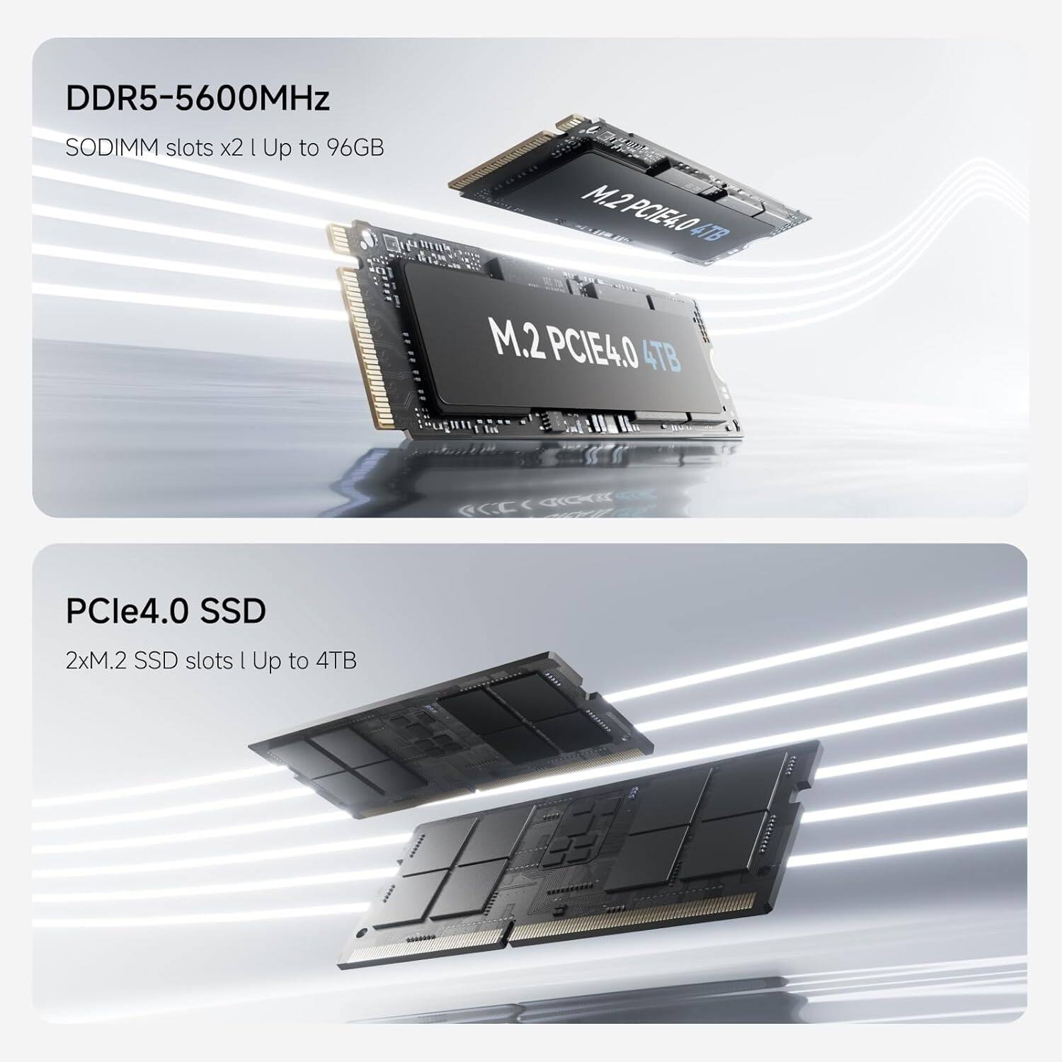 DDR5-5600MHz  
SODIMM slots x2 | Up to 96GB  

M.2 PCIE4.0 4TB  

PCle4.0 SSD  
2xM.2 SSD slots | Up to 4TB