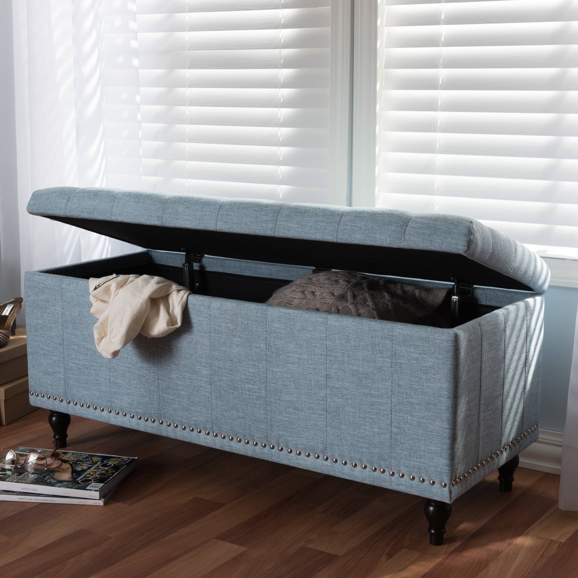 Alt View 5. Baxton Studio - Kaylee Modern Classic Fabric Upholstered Button-Tufting Storage Ottoman Bench - Light Blue.