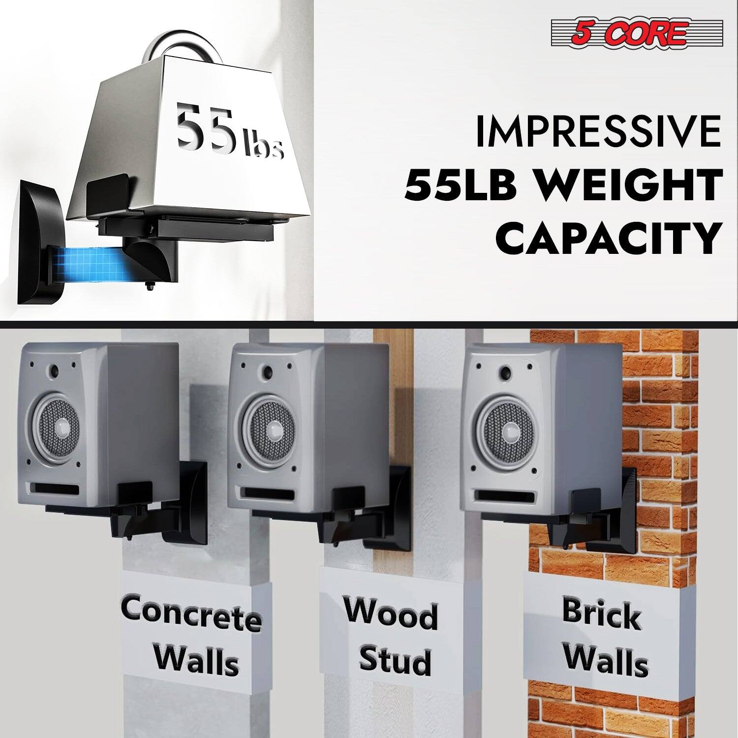 5 CORE 55 lbs IMPRESSIVE 55LB WEIGHT CAPACITY Concrete Wood Walls Stud Brick Walls