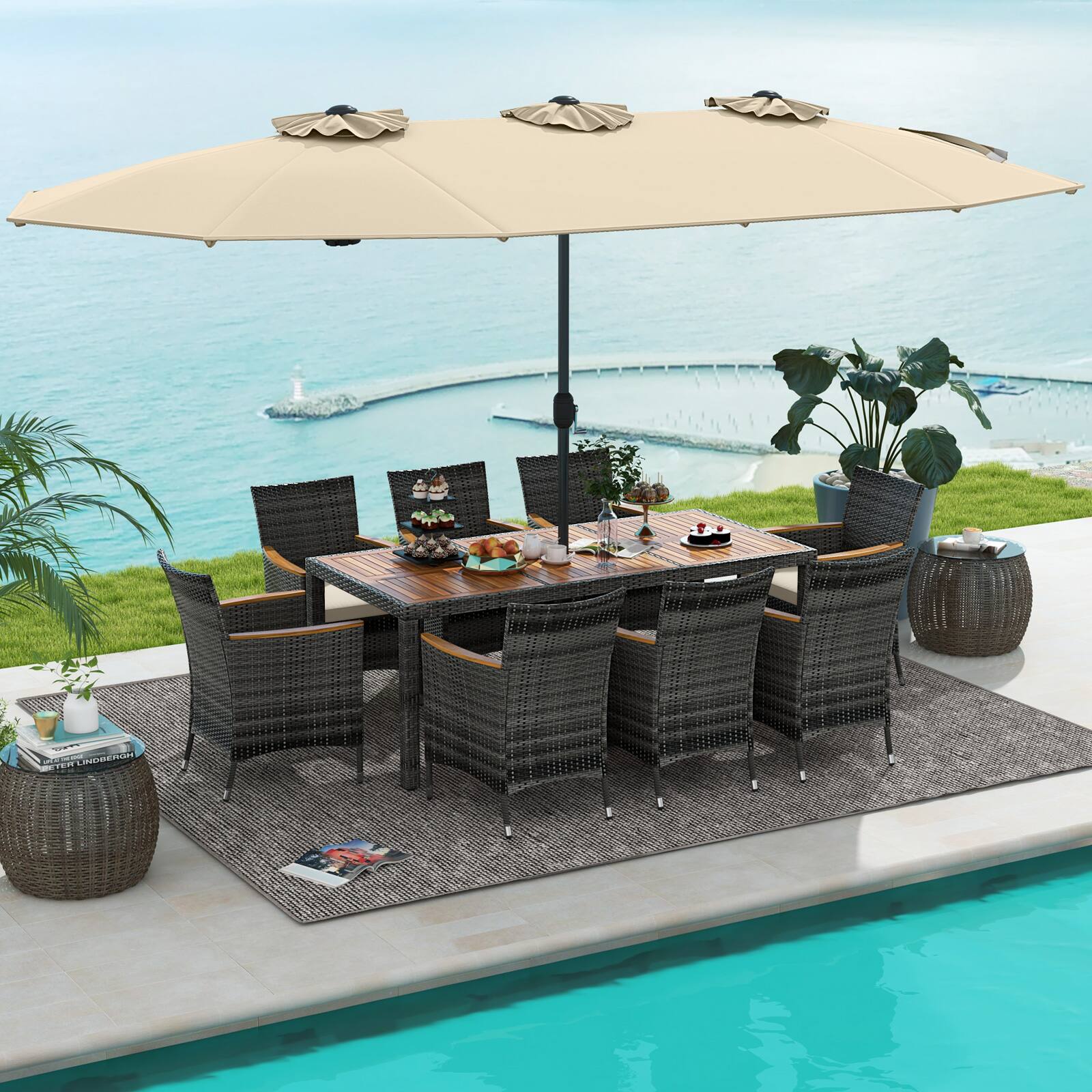 Alt View 1. Costway - 10 Pieces Patio Wicker Dining Set with Double-Sided Patio Umbrella 8 Armchairs - Beige,,Mix Brown.