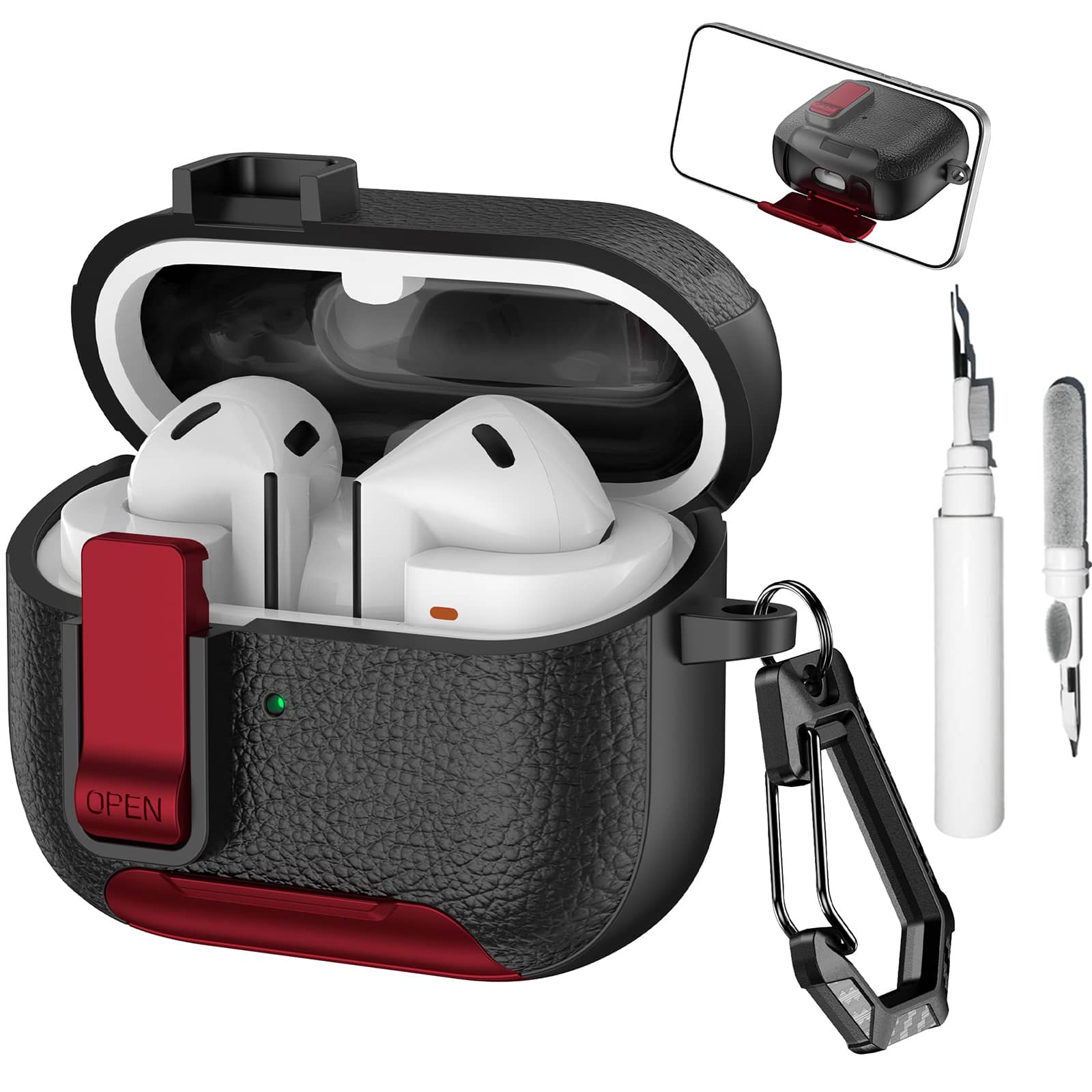 Dteck - Case for Samsung Galaxy Buds 3/3 Pro/3 FE with Phone Holder & Keychain,Leather Texture Earbuds Cover for Man Women - Redblack
