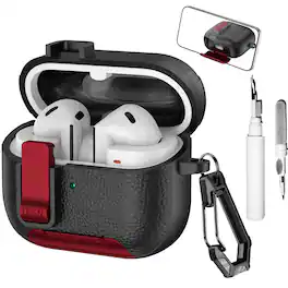 Dteck - Case for Samsung Galaxy Buds 3/3 Pro/3 FE with Phone Holder & Keychain,Leather Texture Earbuds Cover for Man Women - Redblack