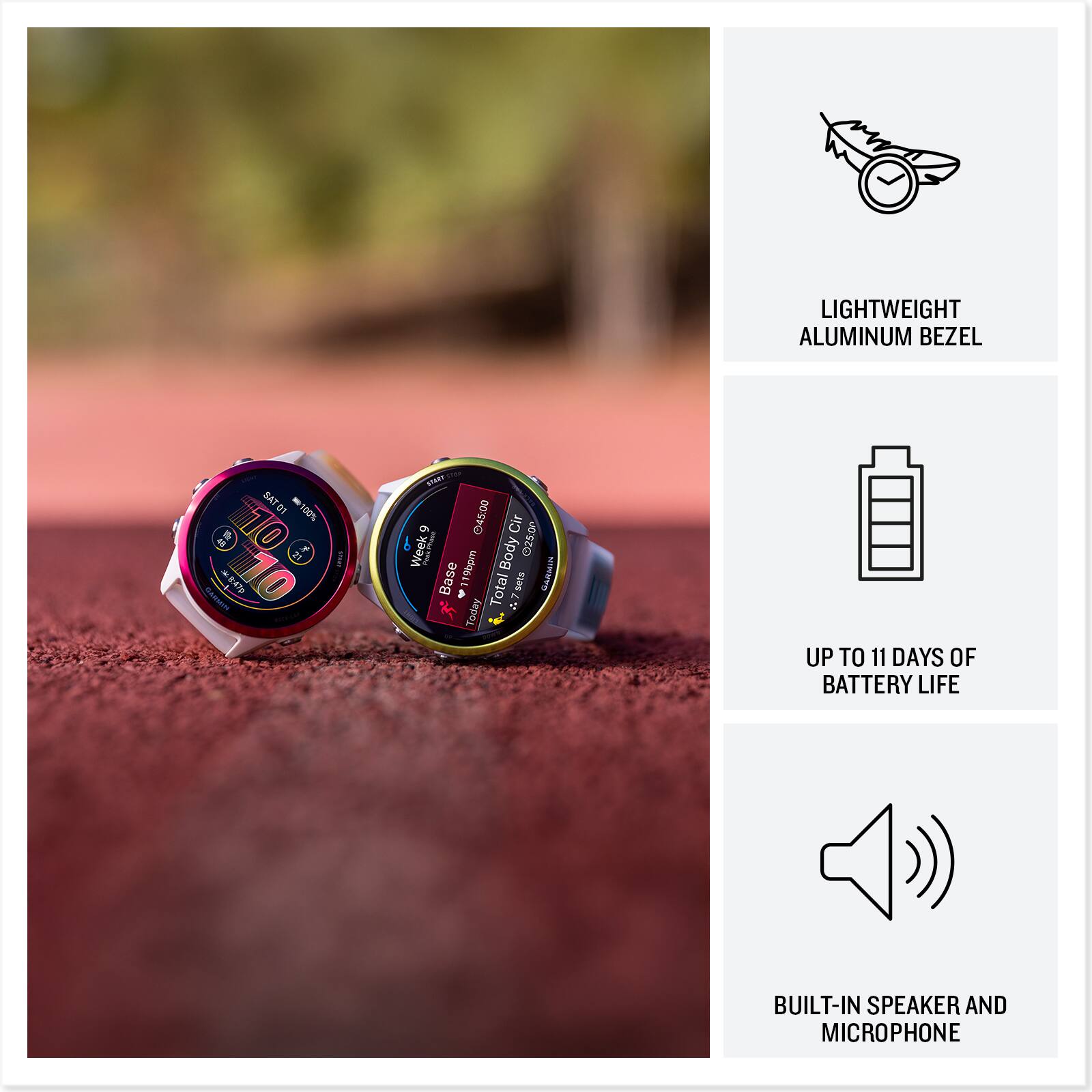 The text on the image is grouped and corrected as follows:

"Lightweight Aluminum Bezel, SATOI - 01 00% 10 21 IK 4847 - 10 e I tr MART 045:00 Cir b Week 9  Body Oz500 Base 119bgm - 7540 GARMIN > Total A by, Today. Up to 11 Days of Battery Life, Built-In Speaker and Microphone."