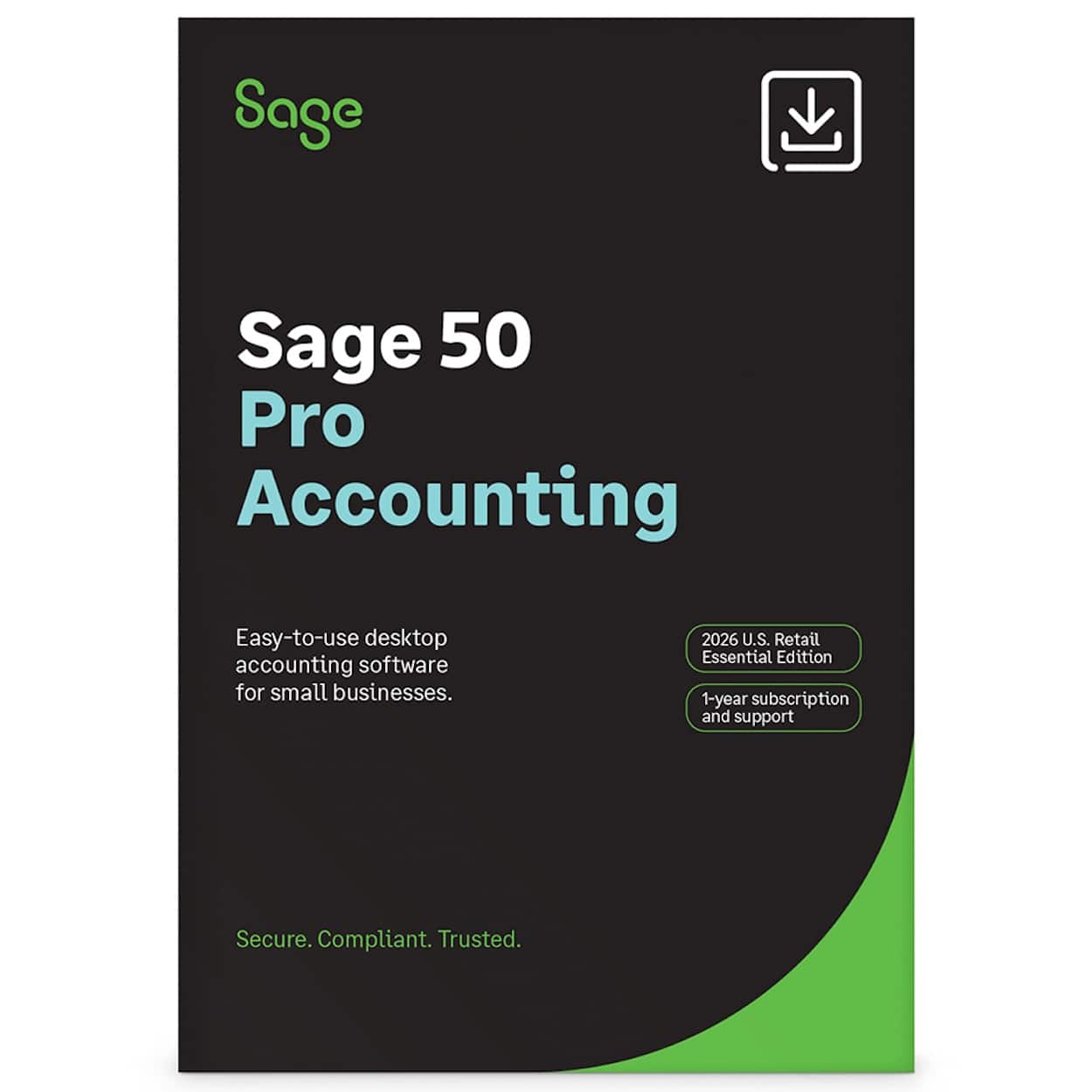 Sage 50 Pro Accounting  
Easy-to-use desktop accounting software for small businesses.  
2026 U.S. Retail Essential Edition  
1-year subscription and support  
Secure. Compliant. Trusted.