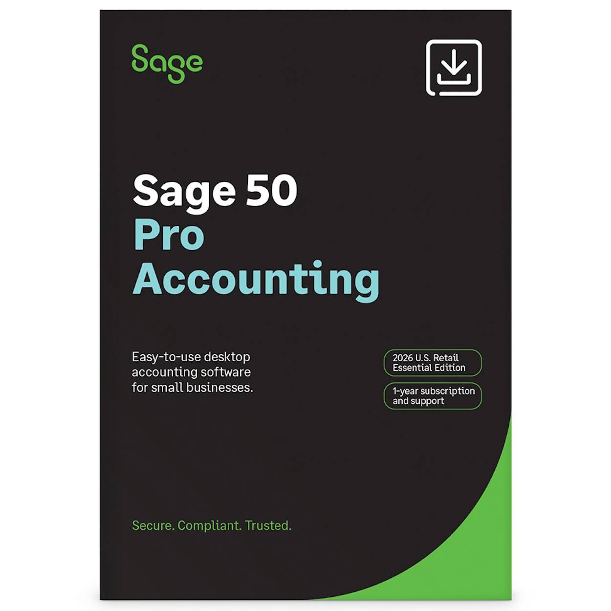 Sage 50 Pro Accounting  
Easy-to-use desktop accounting software for small businesses.  
2026 U.S. Retail Essential Edition  
1-year subscription and support  
Secure. Compliant. Trusted.
