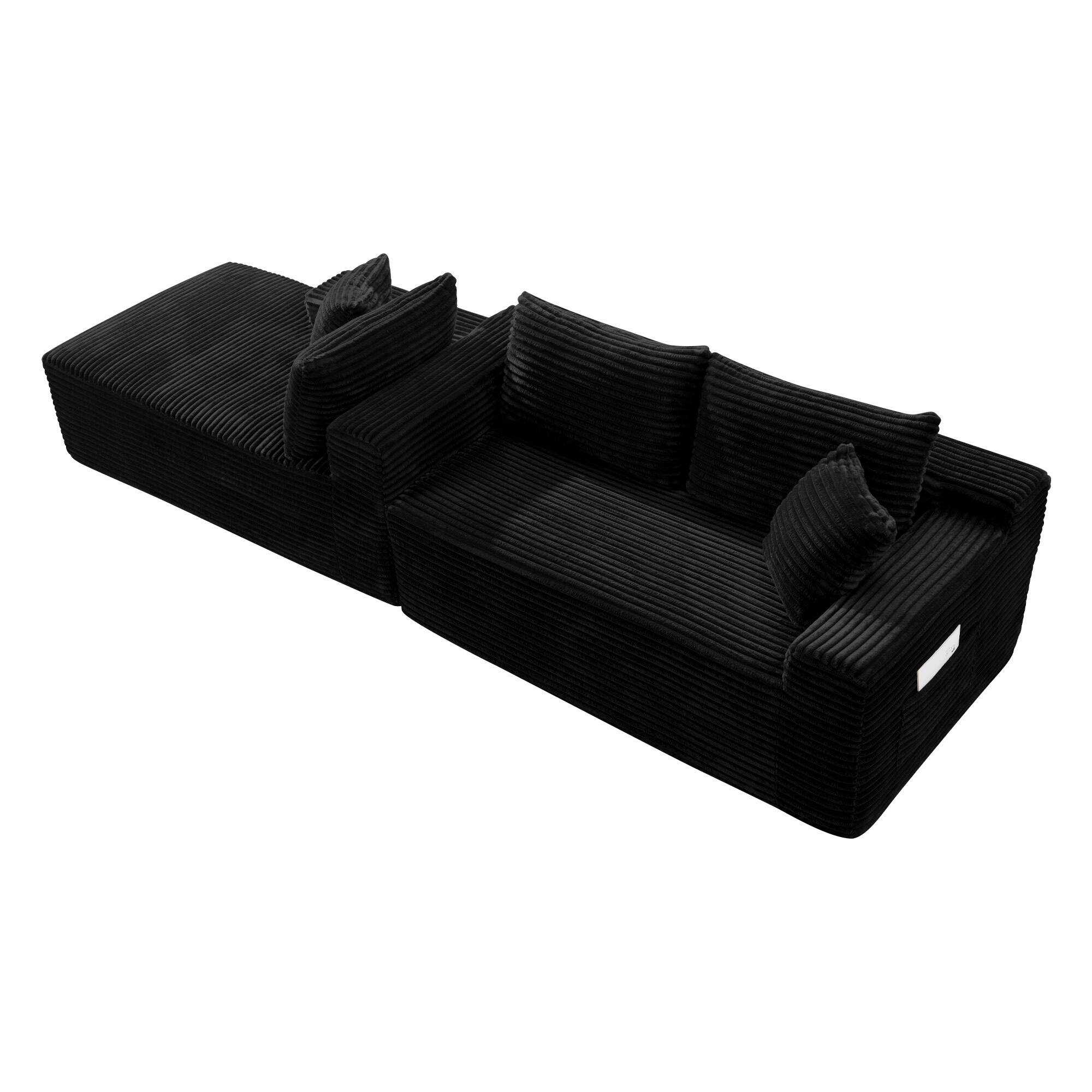 Back. Boyel Living - 106.3-Inch Corduroy Modular L-Shaped Cloud Sectional Sofa with Chaise - Black.