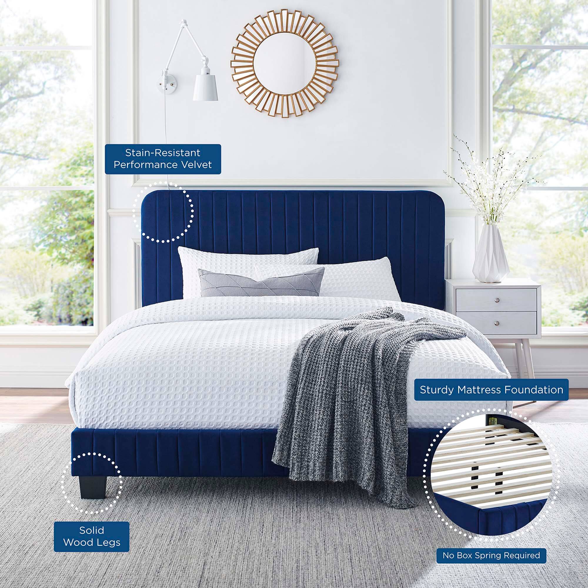 - Stain-Resistant Performance Velvet
- Solid Wood Legs
- Sturdy Mattress Foundation
- No Box Spring Required