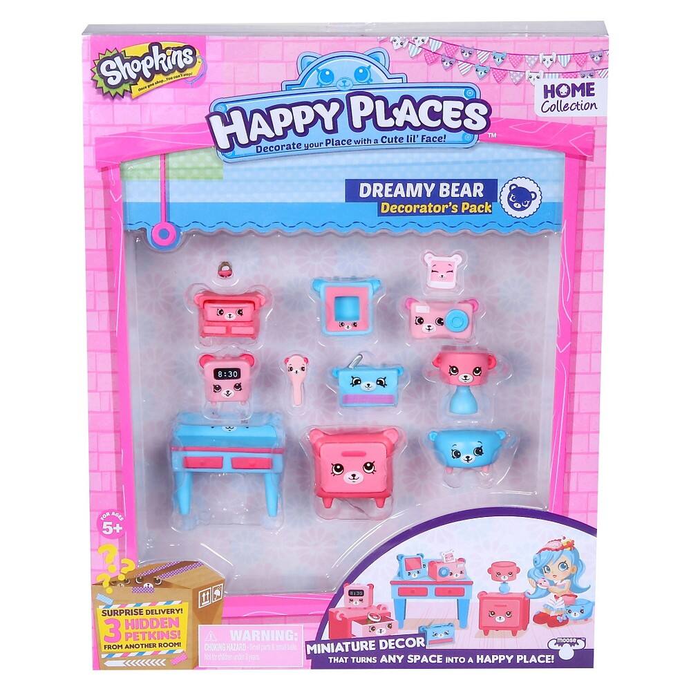 Shopkins Happy Places Collection  
Decorate your Place with 3 Cute lil' Face!  
DREAMY BEAR Decorator's Pack  
8:30  
Home Collection  

Surprise Delivery!  
3 Hidden Petkins!  
From Another Room!  

Warning: Choking Hazard - Small parts. Not for children under 3 years.  
Miniature Decor that turns any space into a happy place!