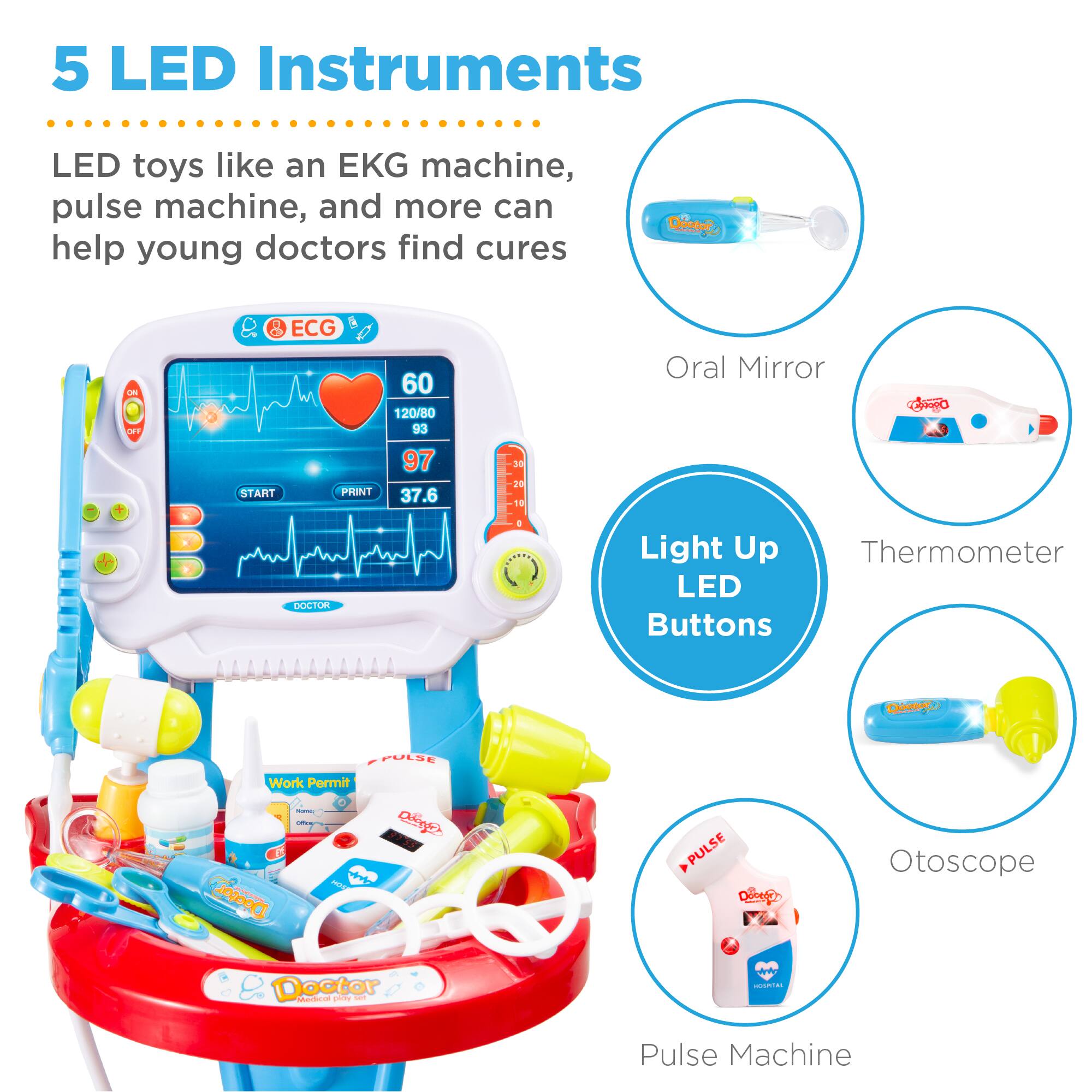 5 LED Instruments

LED toys like an EKG machine, pulse machine, and more can help young doctors find cures

- ECG
- Oral Mirror
- Light Up LED Buttons
- Thermometer
- Otoscope
- Pulse Machine