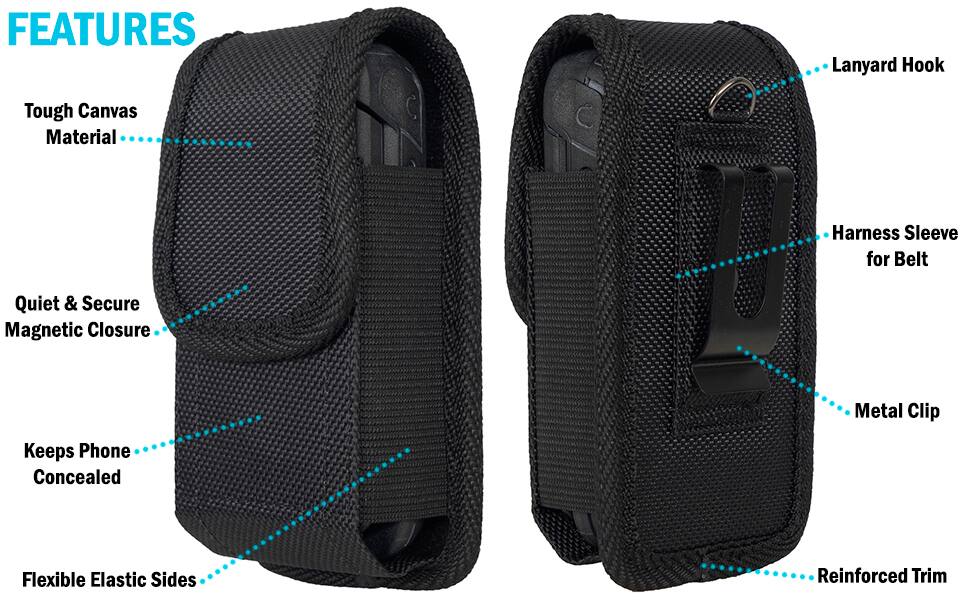 FEATURES
- Lanyard Hook
- Tough Canvas Material
- Harness Sleeve for Belt
- Quiet & Secure Magnetic Closure
- Metal Clip
- Keeps Phone Concealed
- Flexible Elastic Sides
- Reinforced Trim