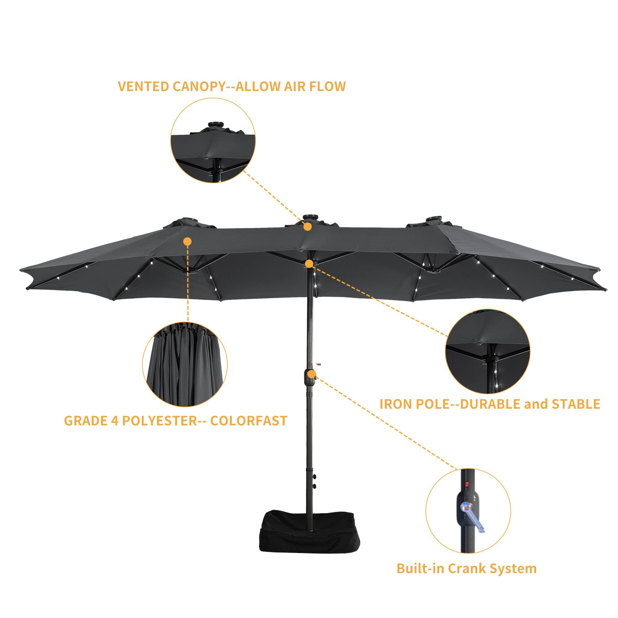 VENTED CANOPY--ALLOW AIR FLOW  
GRADE 4 POLYESTER--COLORFAST  
IRON POLE--DURABLE and STABLE  
Built-in Crank System