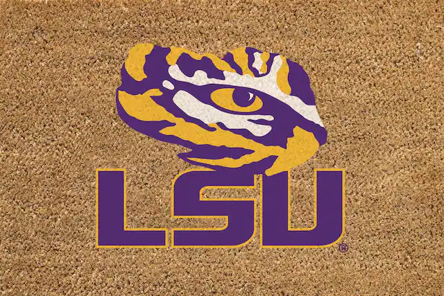 Front. Evergreen Enterprises - LSU Tigers 24" x 36" Outdoor Team Logo Coir Mat - Brown.