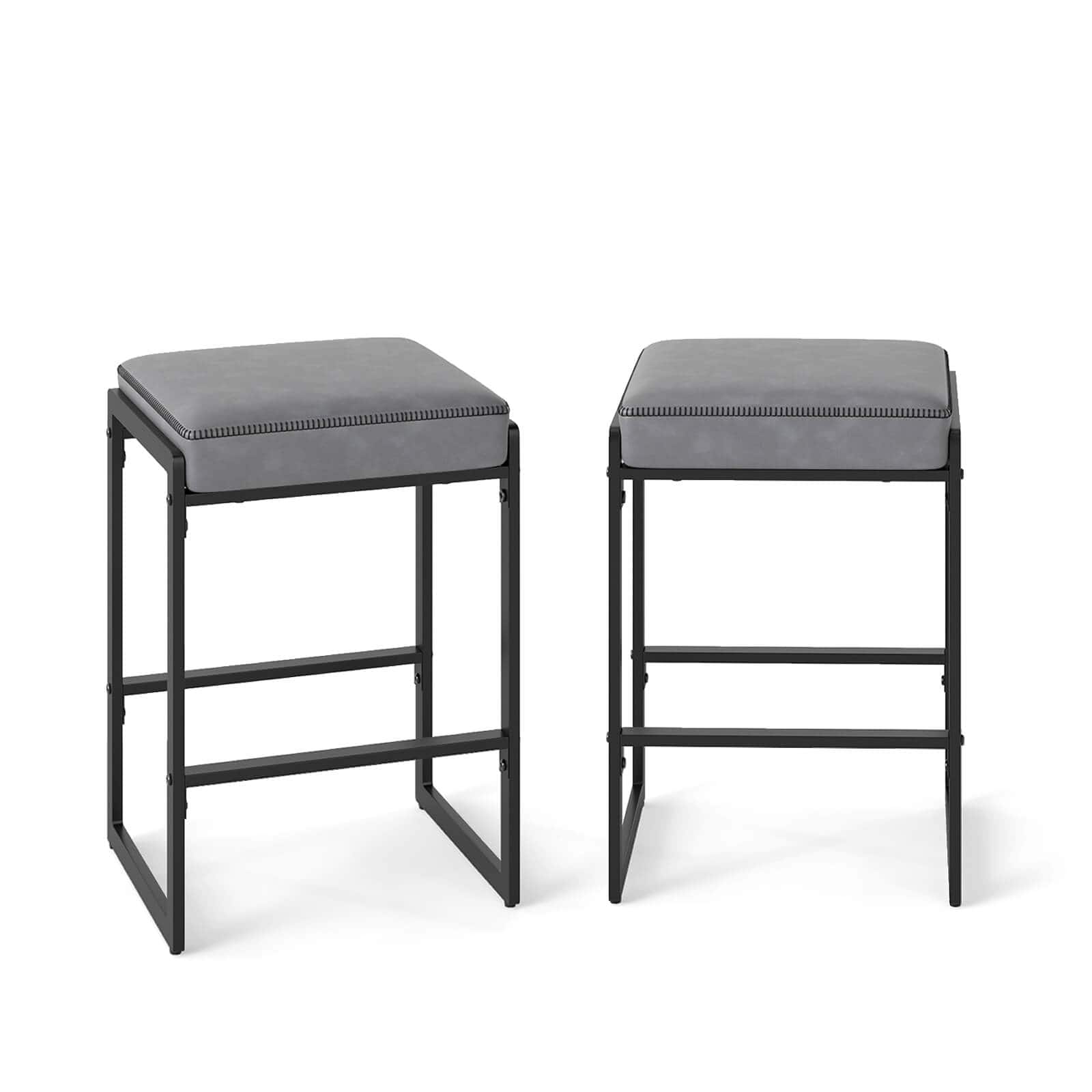 Costway - 26" Bar Stools Set of 2 with Faux Leather Upholstered Seat, Metal Legs, Footrests - Gray + Black