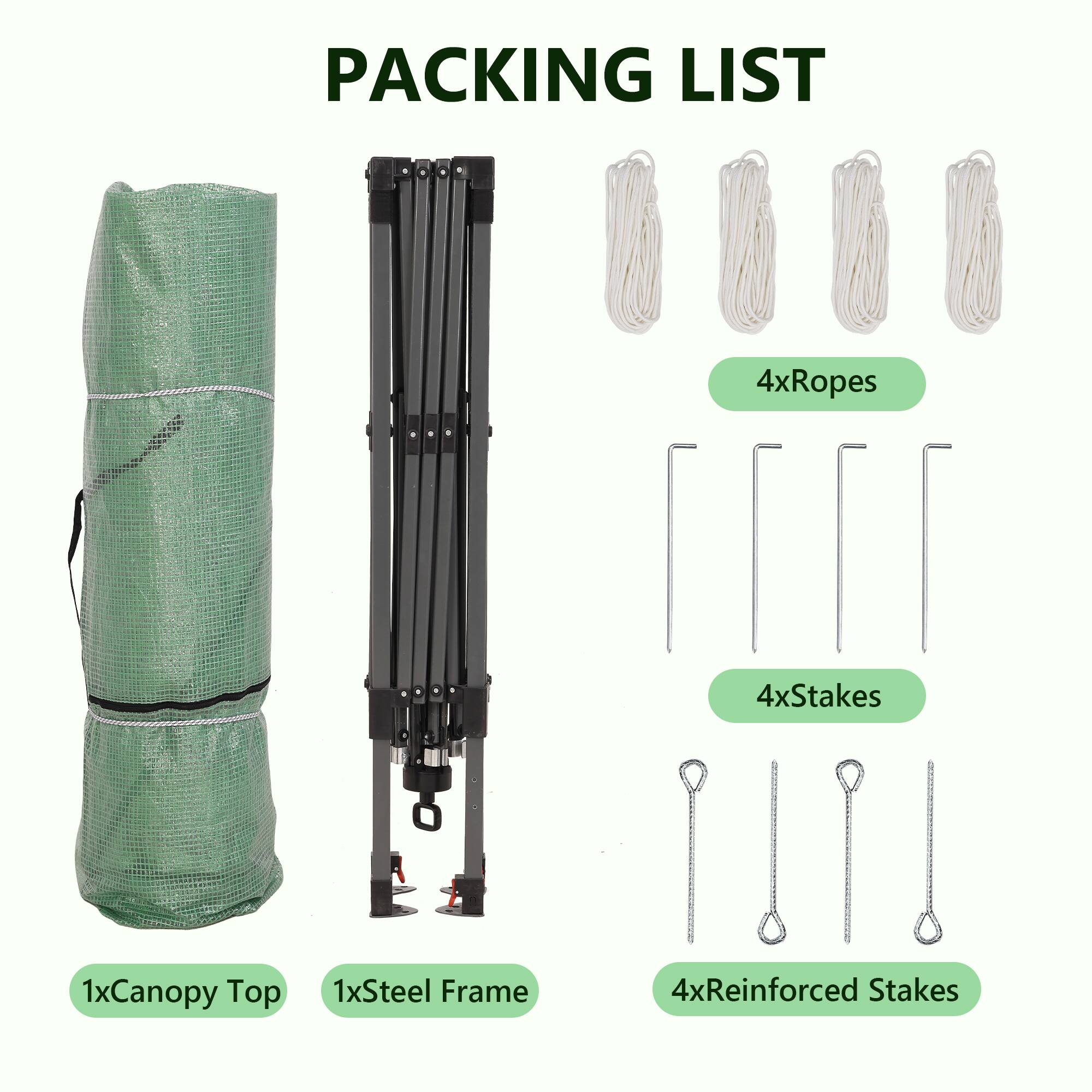 PACKING LIST  
4xRopes  
4xStakes  
1xCanopy Top  
1xSteel Frame  
4xReinforced Stakes