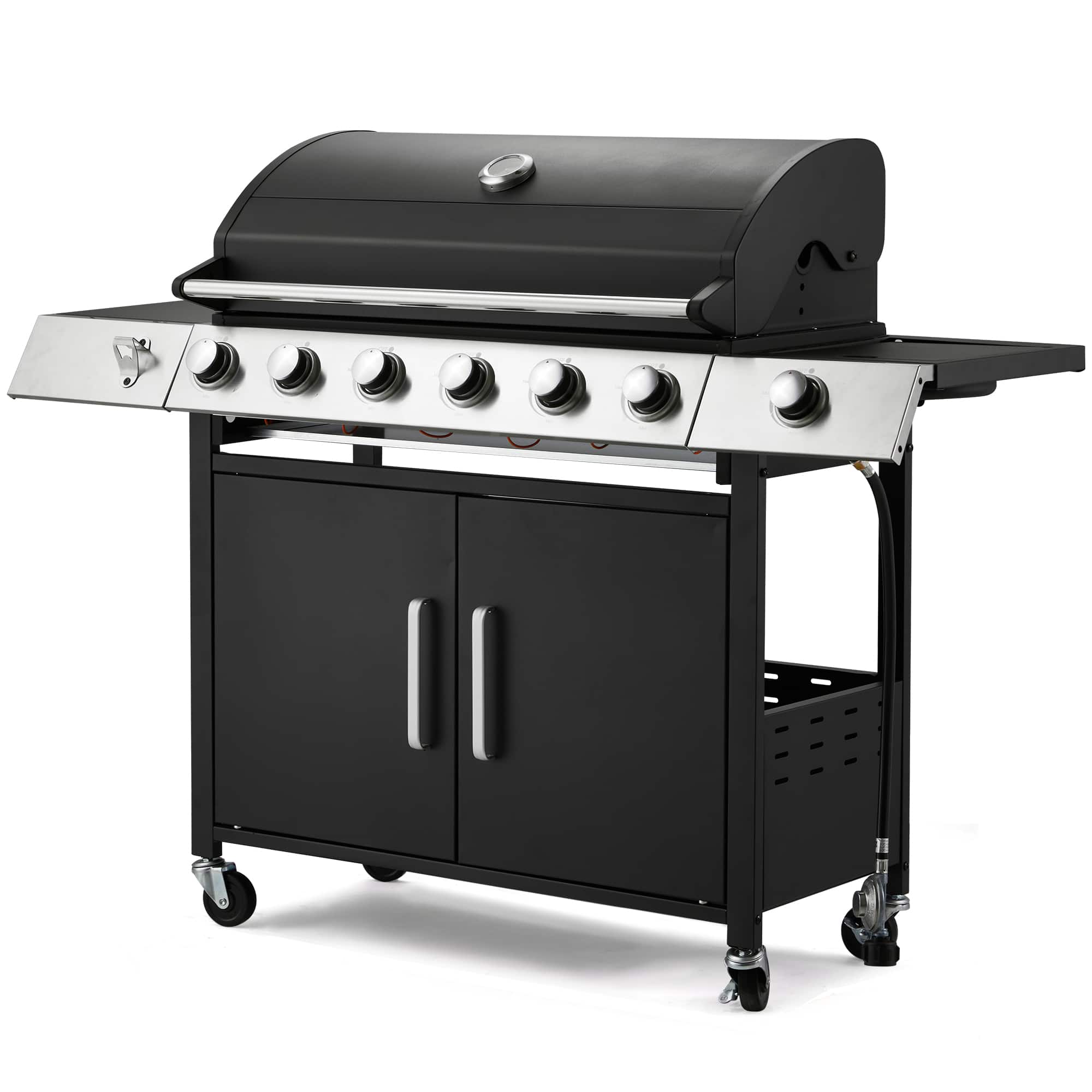 Front. U-HOMY - Propane Grill with Side Burner and Locking Wheels, 395 sq in Cooking Surface, 36,000 BTU - 6+1 Burner.