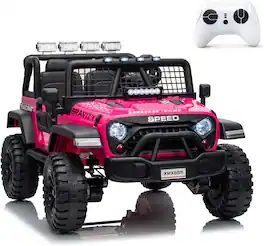 GARVEE - 24V 4WD 2-Seater Ride-On Truck for Kids, Remote Control, LED Lights, Music Player, 7Ah Battery, 2 Speeds, Suspension - Rose Red