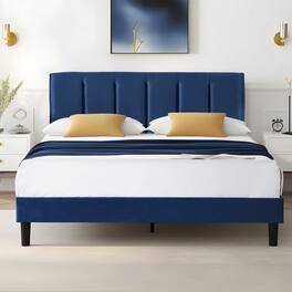 Vecelo - Queen Upholstered Bed with Adjustable Headboard & 7.9" Underbed Storage - Quiet Slat Metal Platform Bed,Fabric Frame - Dark Blue