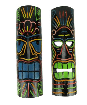 Front. Chesapeake Bay - Brightly Colored Wooden 20 inch Tall Tiki Totem Wall Hanging Masks Set of 2 Tropical Décor - Multicolored.