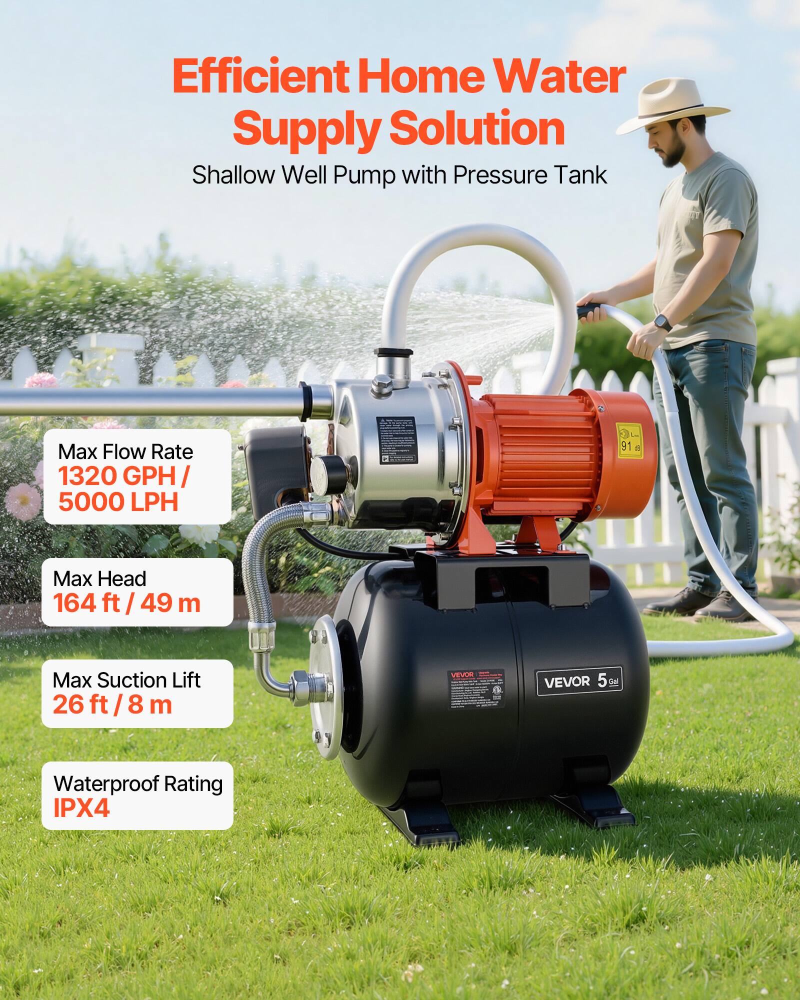 Efficient Home Water Supply Solution  
Shallow Well Pump with Pressure Tank

Max Flow Rate 1320 GPH / 5000 LPH  
Max Head 164 ft / 49 m  
Max Suction Lift 26 ft / 8 m  
Waterproof Rating IPX4  

VEVOR  
VEVOR 5 Gal