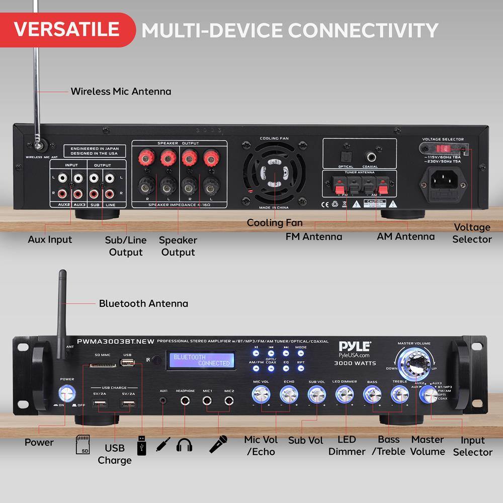 **VERSATILE MULTI-DEVICE CONNECTIVITY**

- Wireless Mic Antenna
- Aux Input
- Sub/Line Output
- Speaker Output
- Cooling Fan
- FM Antenna
- AM Antenna
- Voltage Selector
- Bluetooth Antenna
- Power
- USB Charge
- Mic Vol / Echo
- Sub Vol
- LED Dimmer
- Bass
- Treble
- Master Volume
- Input Selector

**PYLE**
- ENGINEERED IN JAPAN
- DESIGNED IN THE USA
- SPEAKER IMPEDANCE 4-16Ω
- 3000 WATTS
- PYLEUSA.com

**PWM3003BT NEW**
- PROFESSIONAL STEREO AMPLIFIER
- USB / BT / FM / TUNER / OPTICAL / COAXIAL
- 3000 WATTS
- MASTER VOLUME
- INPUT / ECHO DIMMER / TREBLE VOLUME SELECTOR