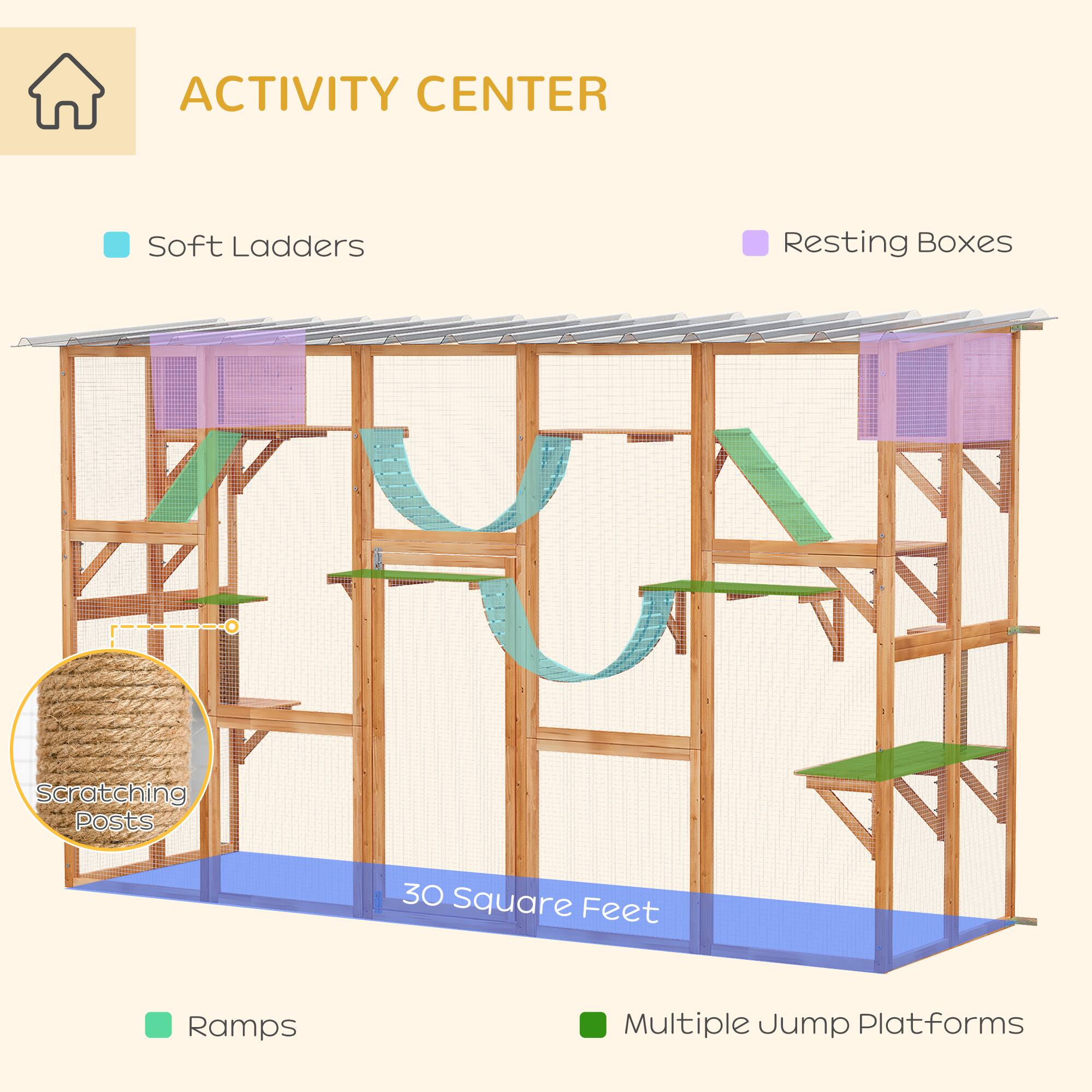 ACTIVITY CENTER

- Soft Ladders
- Resting Boxes
- Scratching Posts
- Ramps
- Multiple Jump Platforms

30 Square Feet