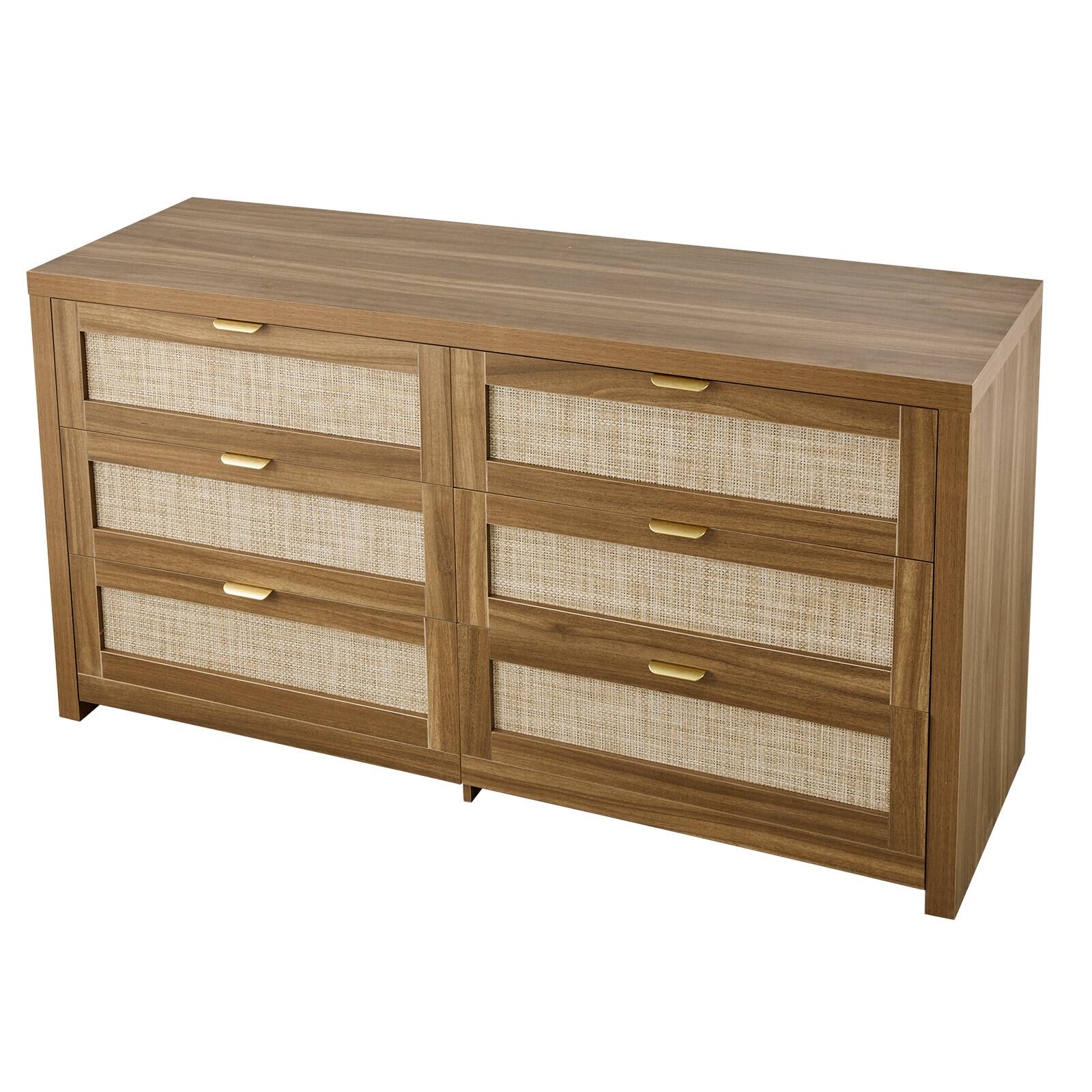 Alt View 5. VEVOR - 6 Drawer Rattan Dresser, Double Dresser for Bedroom, Natural Rattan Chest of Drawer with Metal Handle, Modern Wood Chest - Natural Wood.