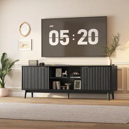 Front. Qeetex - 63" TV Stand with Power Outlets, Modern Entertainment Center with Adjustable Glass Shelf & Storage Cabinets - Black.