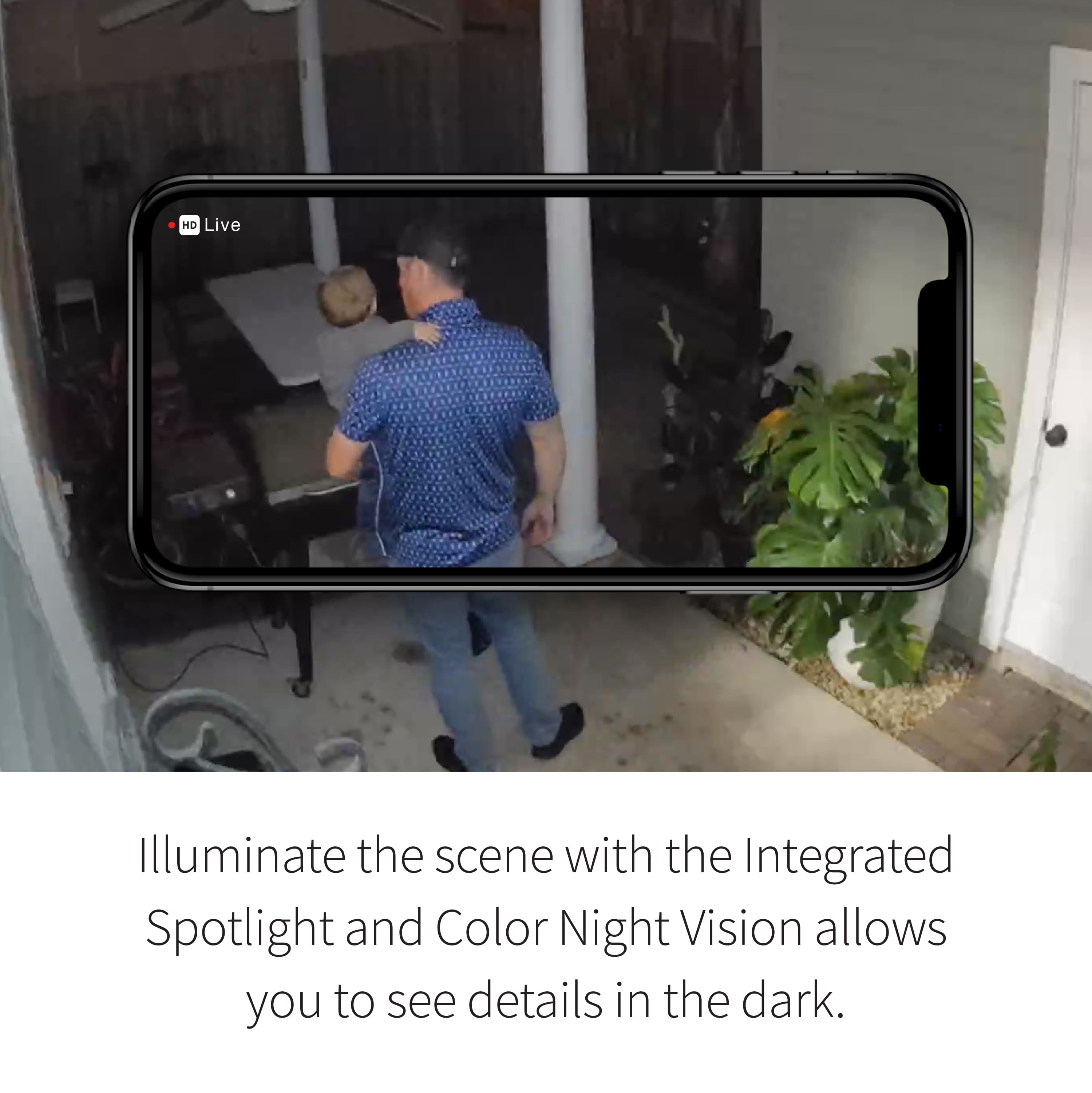 The text on the image reads: "HD Live Illuminate the scene with the Integrated Spotlight and Color Night Vision allows you to see details in the dark."