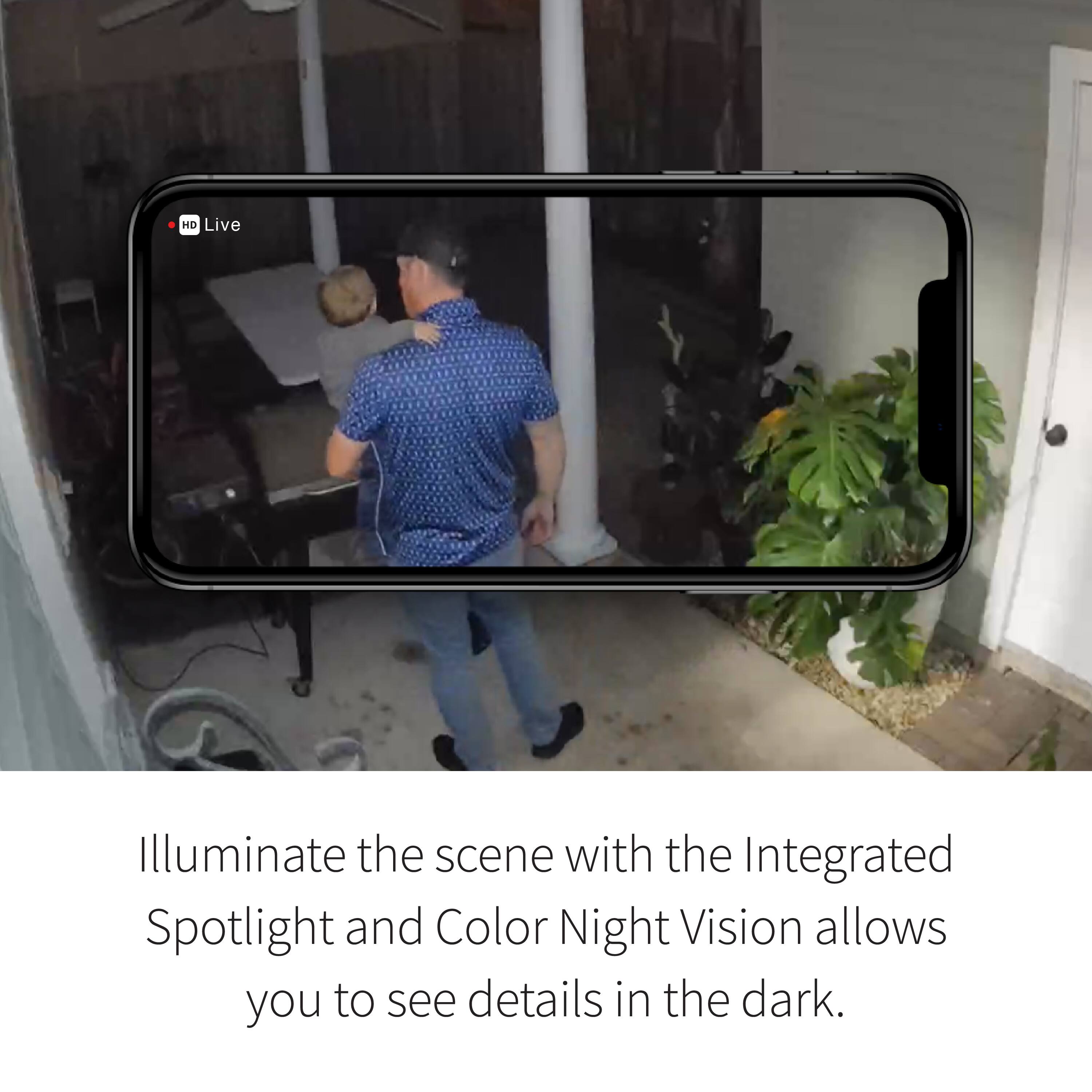 The text on the image reads: "HD Live Illuminate the scene with the Integrated Spotlight and Color Night Vision allows you to see details in the dark."