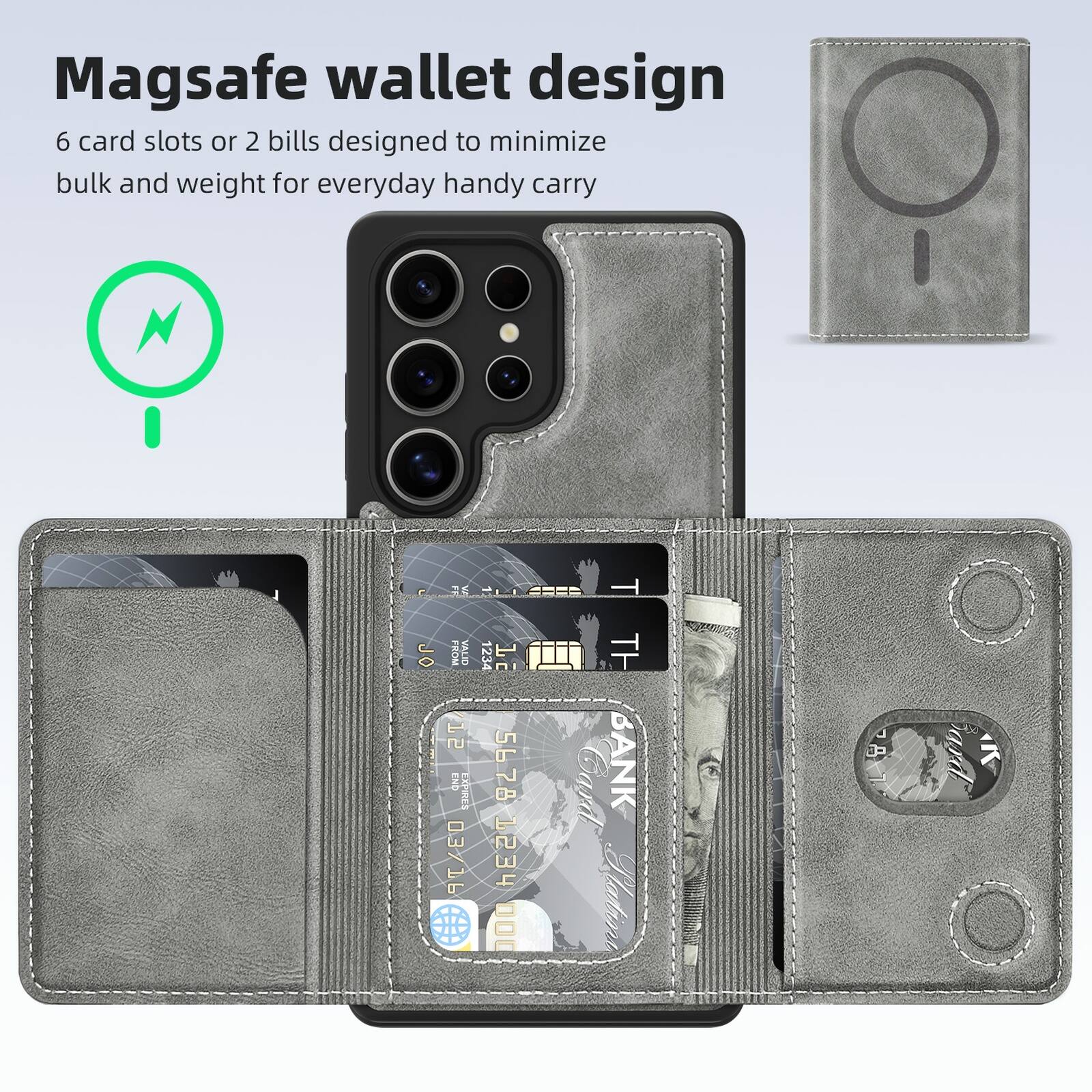 Magsafe wallet design  
6 card slots or 2 bills designed to minimize bulk and weight for everyday handy carry