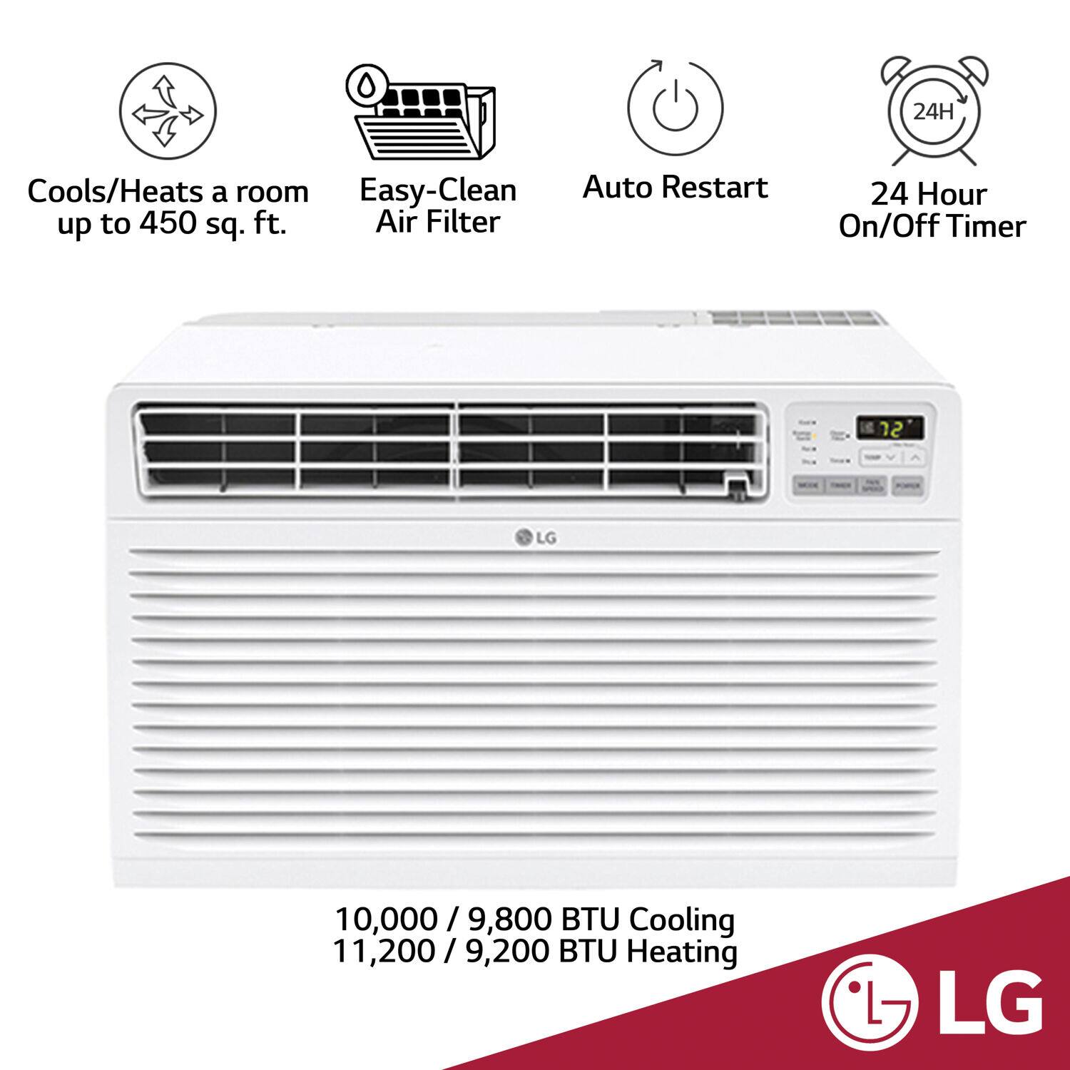 - Cools/Heats a room up to 450 sq. ft.
- Easy-Clean Air Filter
- Auto Restart
- 24 Hour On/Off Timer
- 10,000 / 9,800 BTU Cooling
- 11,200 / 9,200 BTU Heating