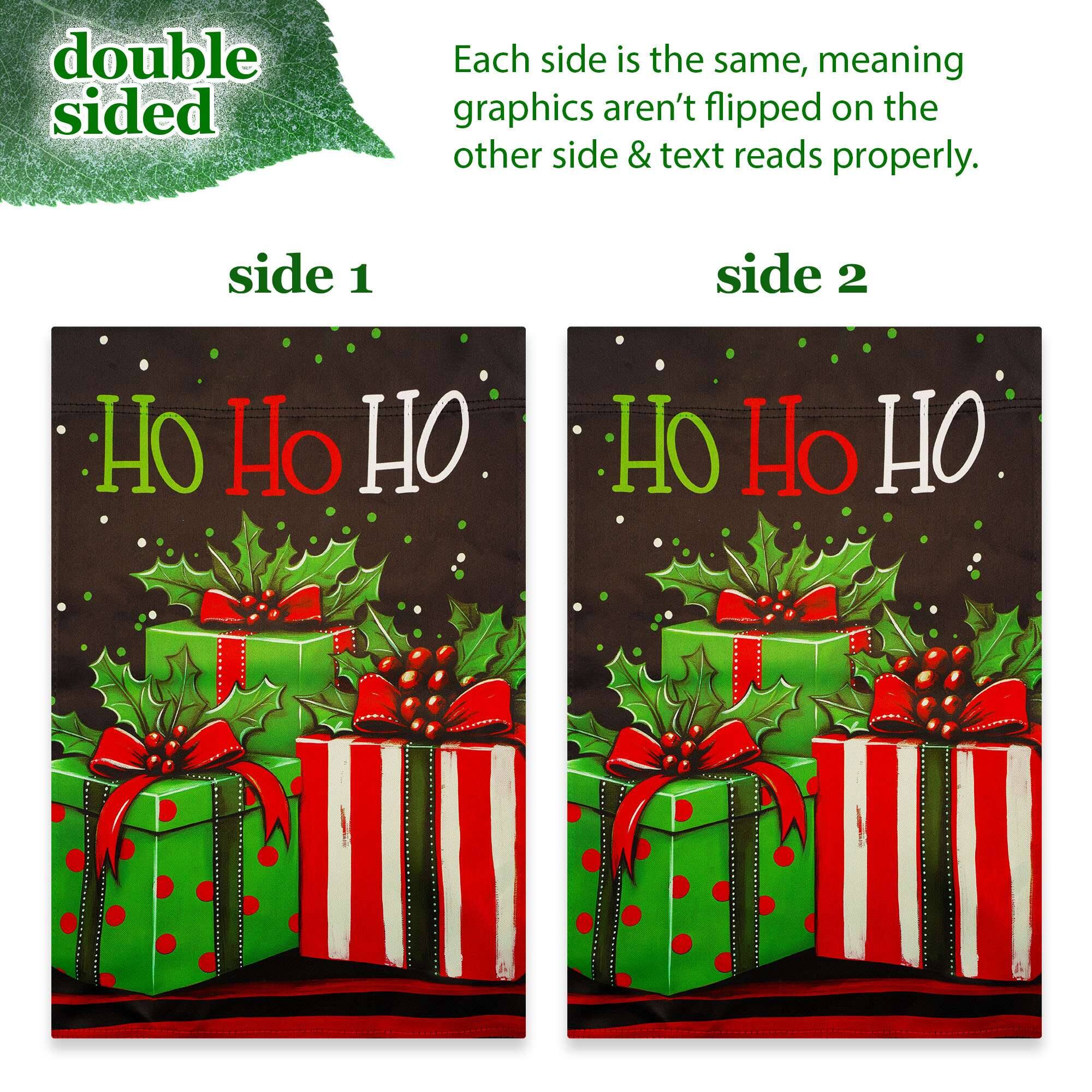 double sided

Each side is the same, meaning graphics aren't flipped on the other side & text reads properly.

side 1
side 2
HO HO HO
HO Ho HO