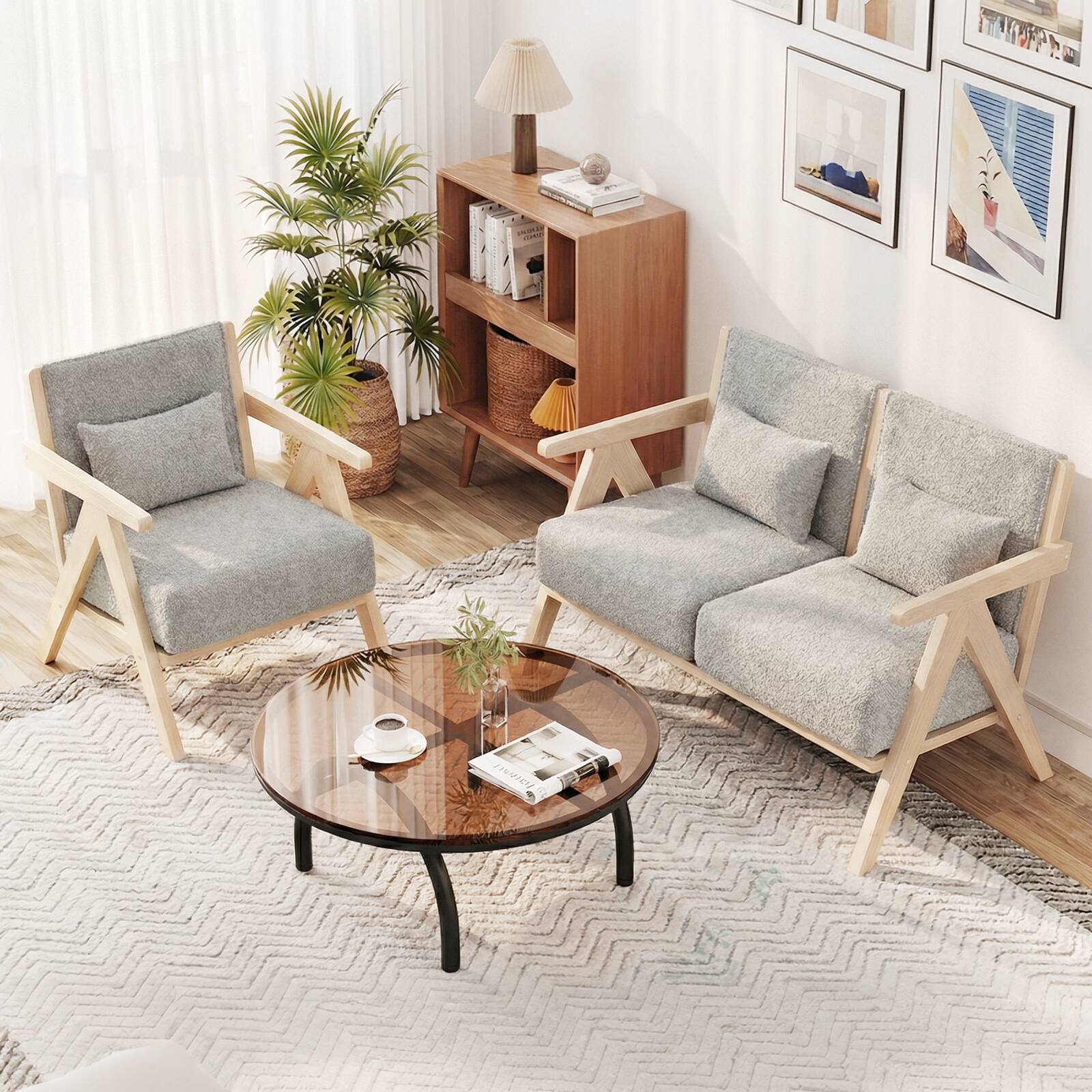 Alt View 1. Costway - Costway 2 PCS Living Room Furniture Set with Rubber Wood Frame, Padded Seat, Throw Pillows - Gray.